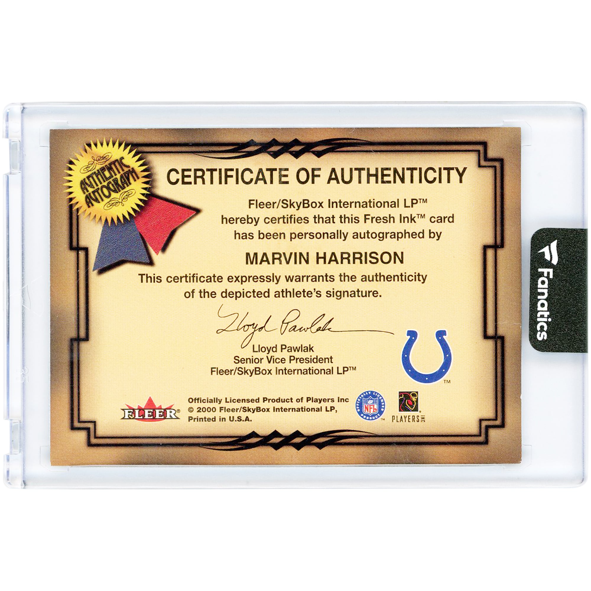 Carte autographiée Marvin Harrison (Indianapolis Colts) 2000 Fleer Autographics #MH