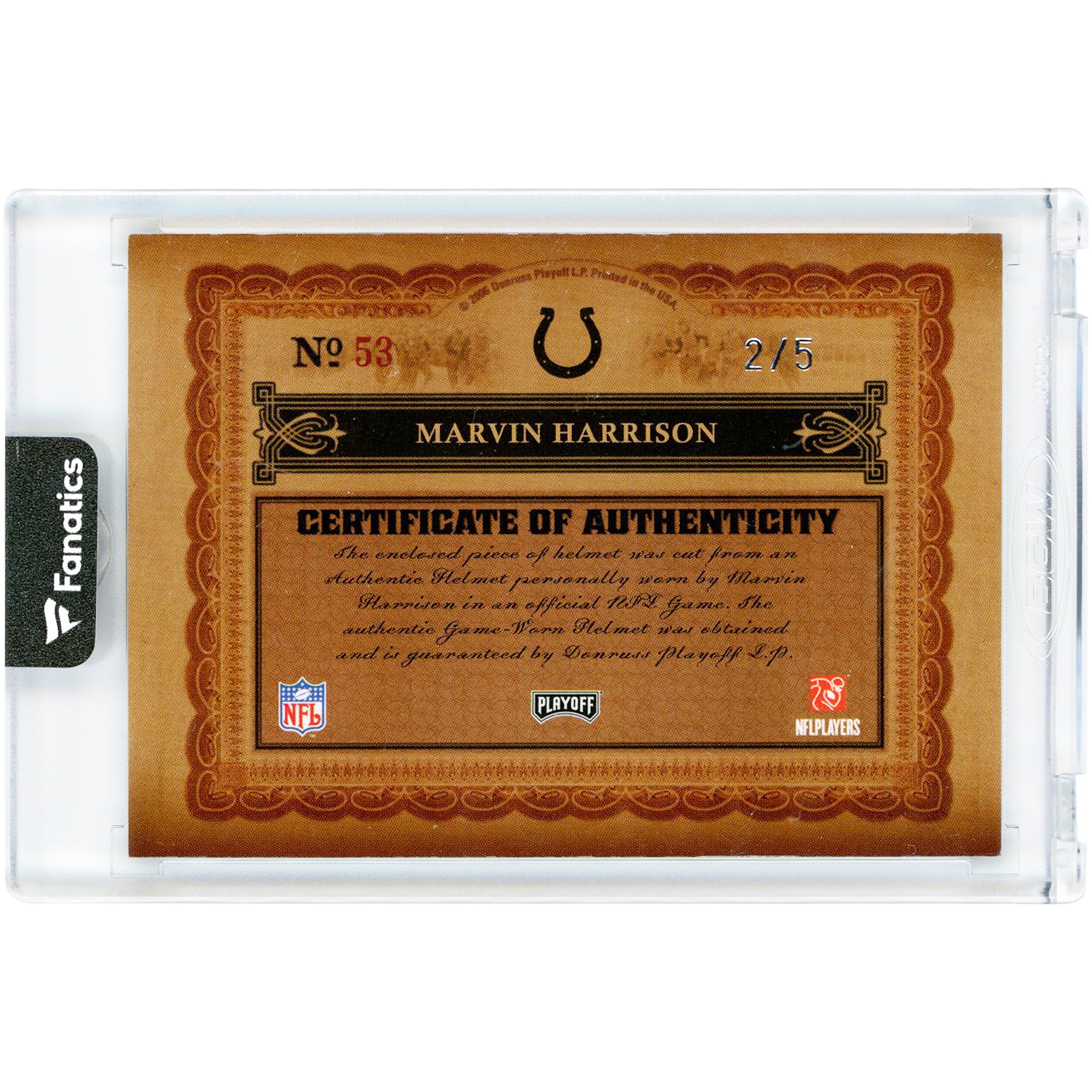 Carte autographiée de Marvin Harrison (Indianapolis Colts) - Série éliminatoires 2006 - Trésors nationaux - Double relique de masque facial utilisé en match - N° 53 - N° 2/5