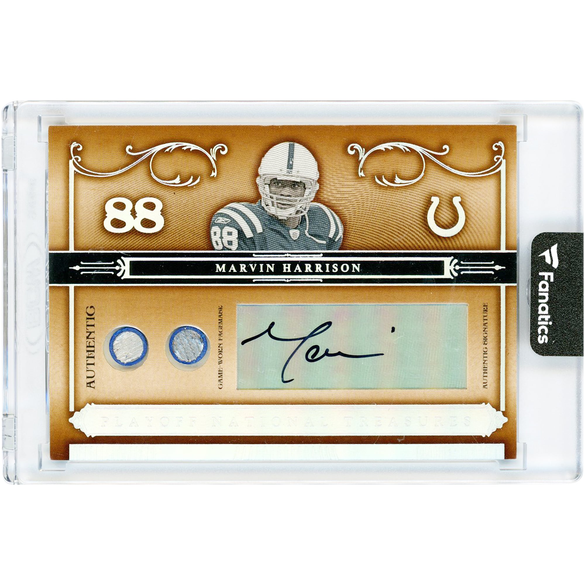Carte autographiée de Marvin Harrison (Indianapolis Colts) - Série éliminatoires 2006 - Trésors nationaux - Double relique de masque facial utilisé en match - N° 53 - N° 2/5