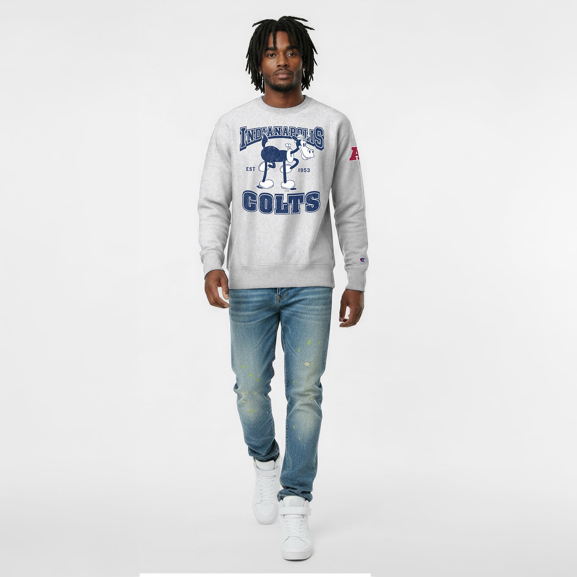 Men's Disney x Champion Heather Gray Indianapolis Colts Horace Horsecollar Reverse Weave Sweatshirt