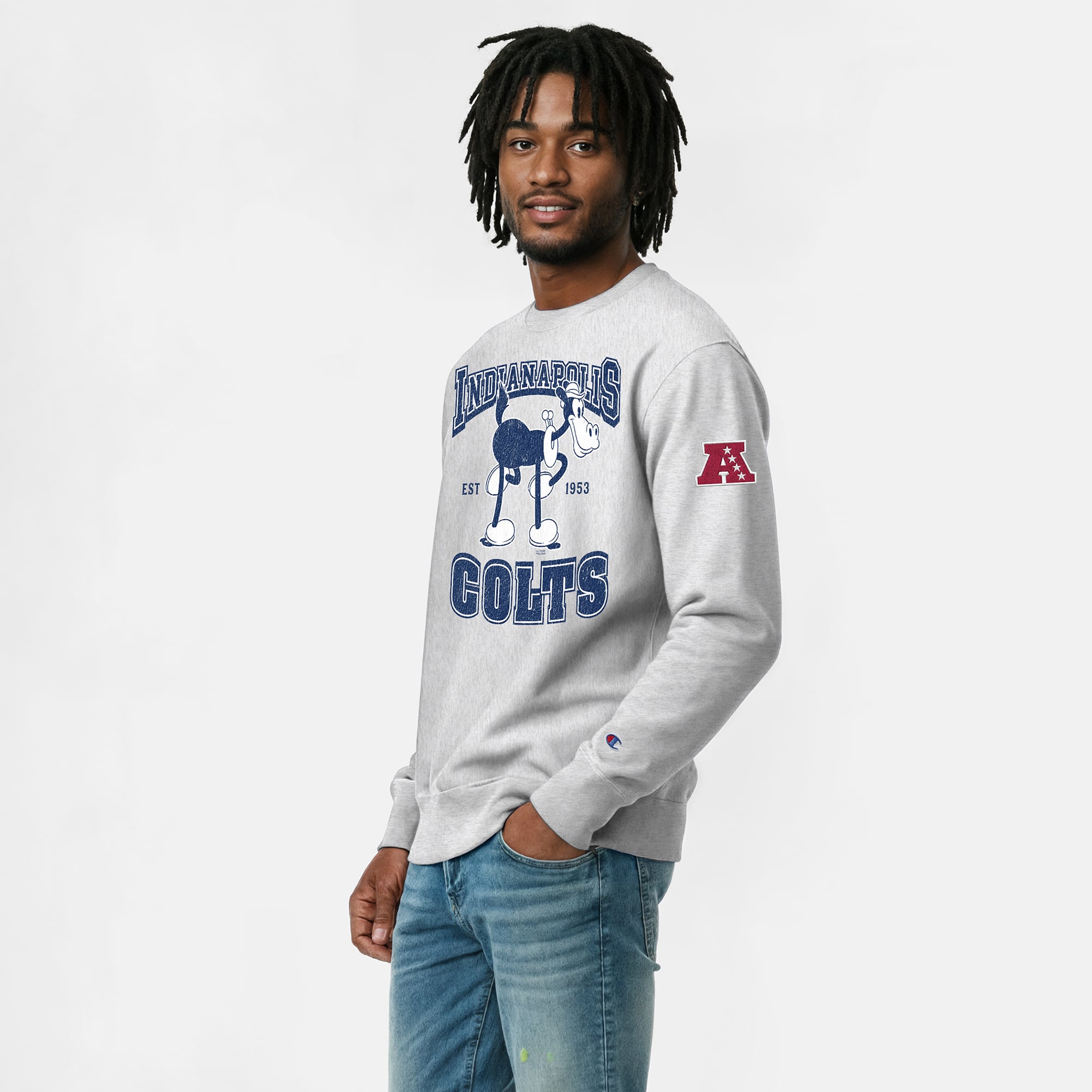 Men's Disney x Champion Heather Gray Indianapolis Colts Horace Horsecollar Reverse Weave Sweatshirt