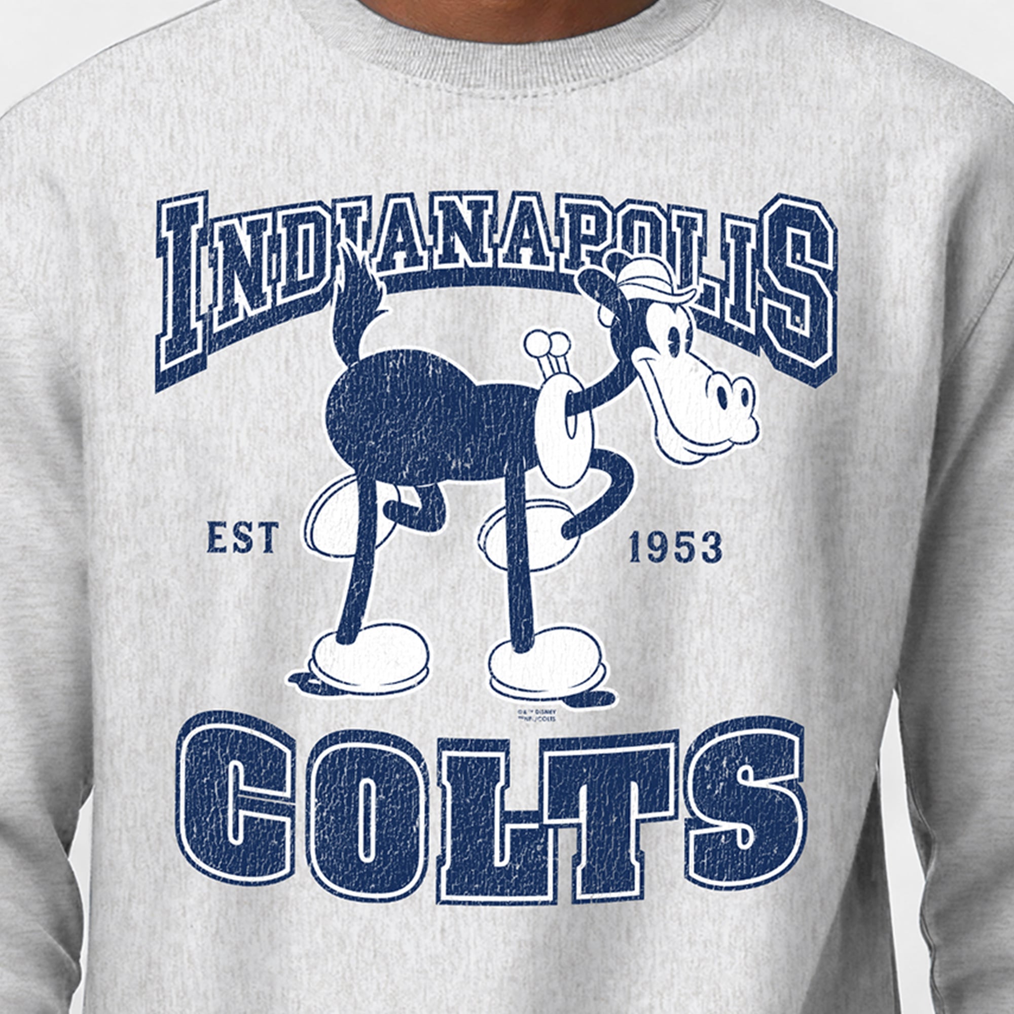 Men's Disney x Champion Heather Gray Indianapolis Colts Horace Horsecollar Reverse Weave Sweatshirt