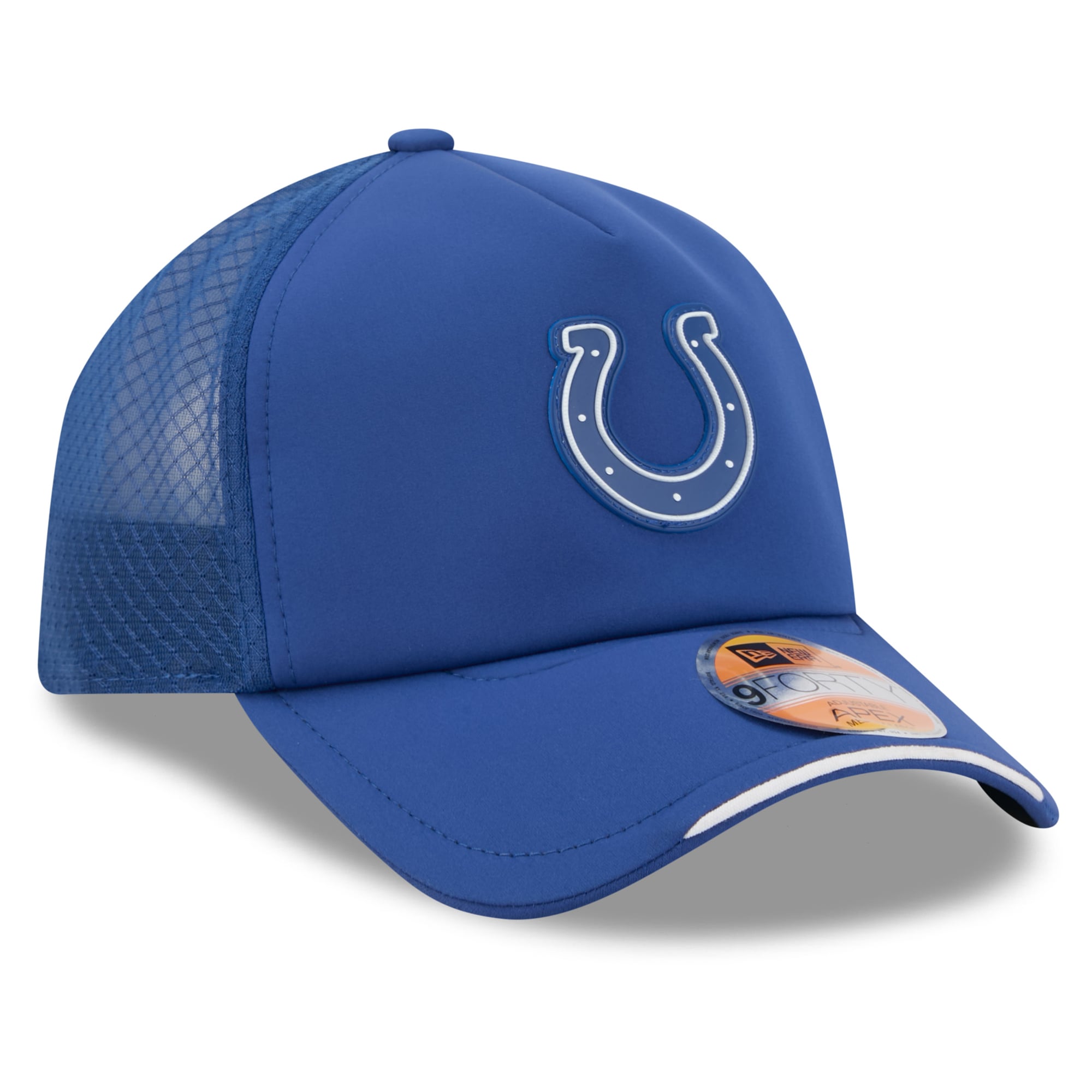 Men's New Era Royal Indianapolis Colts 2026 Sideline Apex 9FORTY Adjustable Trucker Hat