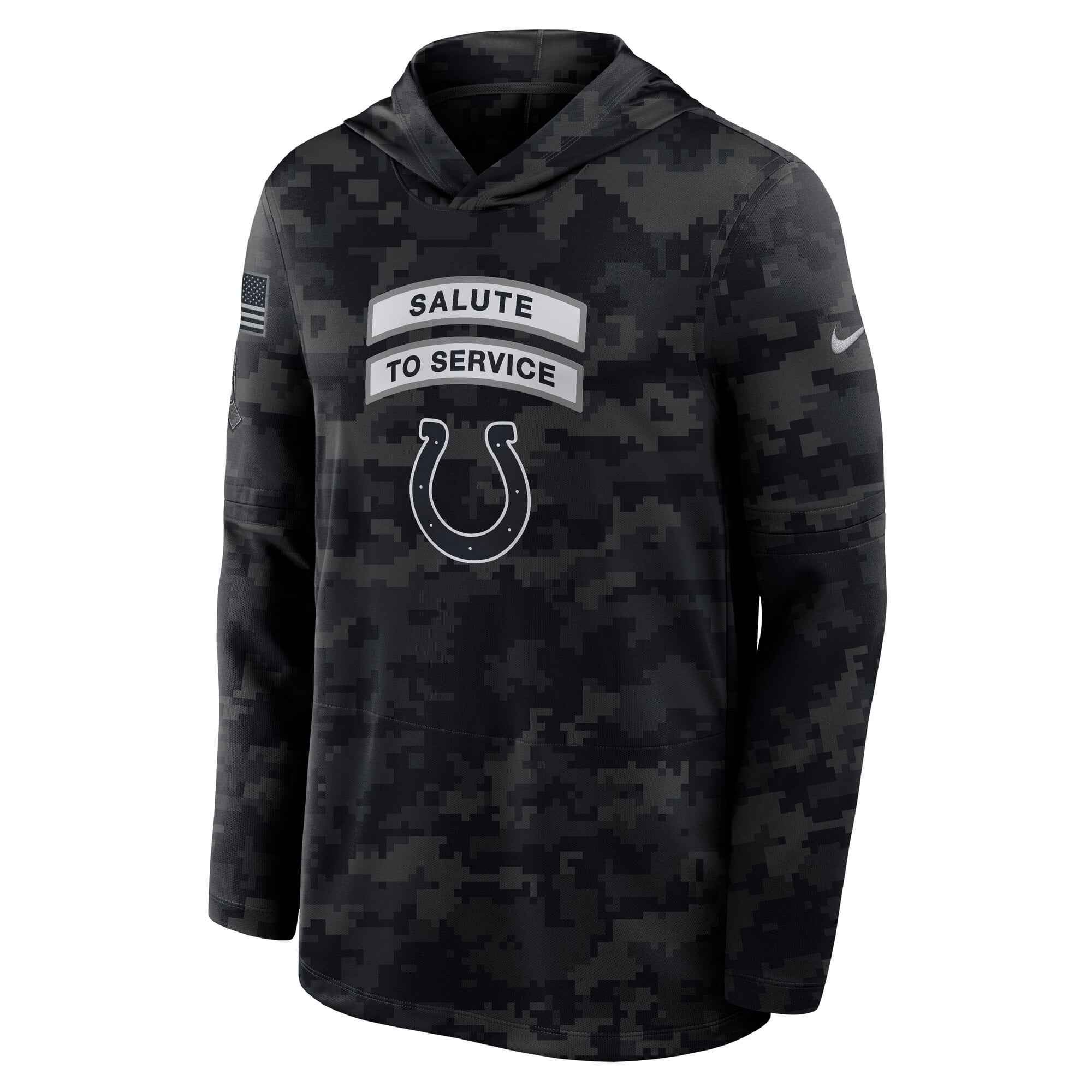 T-shirt à manches longues Nike Indianapolis Colts 2026 Salute to Service Sideline, noir, léger, capuche et technologie Dri-FIT.
