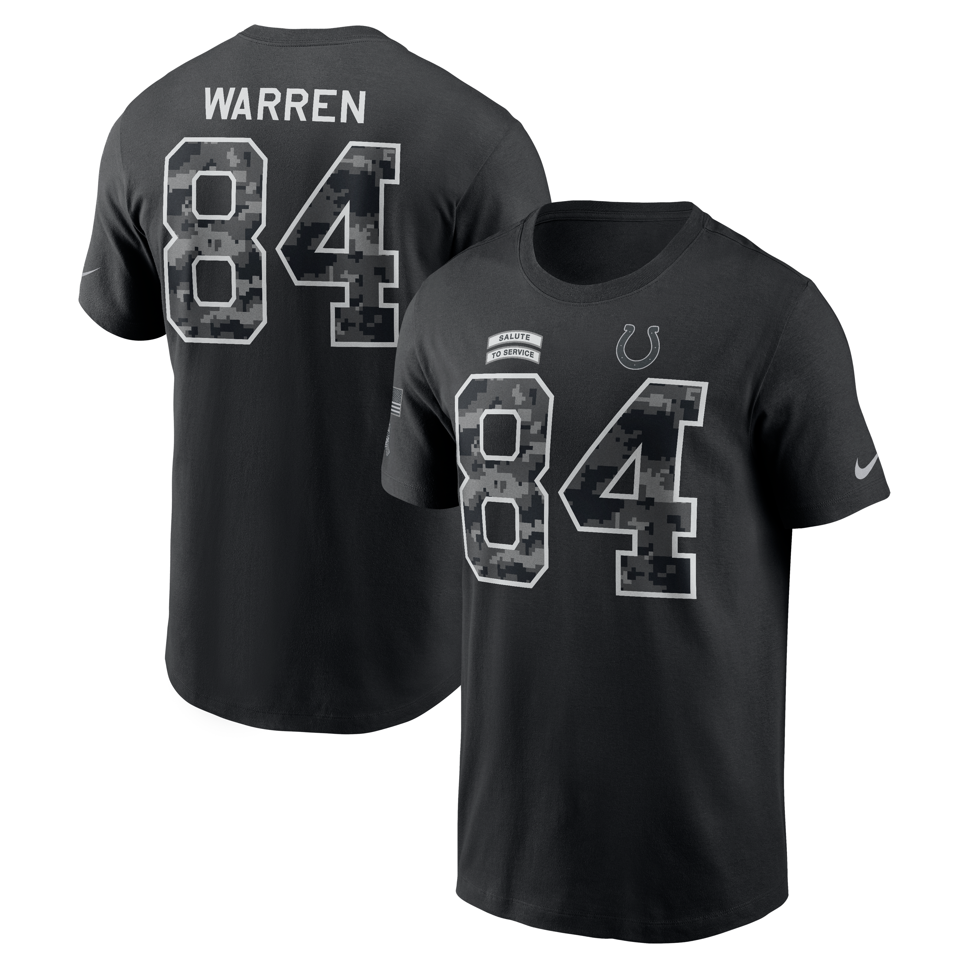 T-shirt Nike Tyler Warren noir pour homme, Indianapolis Colts 2026 Salute to Service, nom et numéro