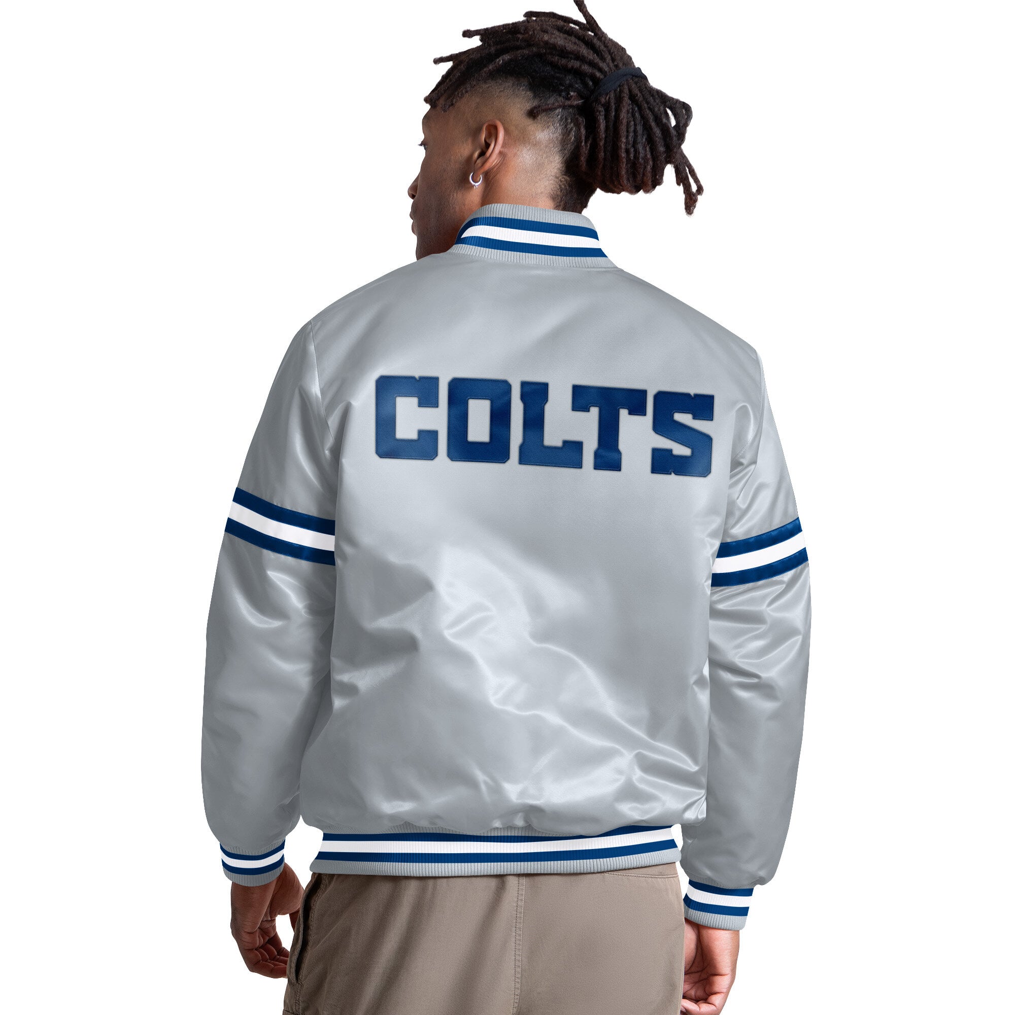 Veste universitaire Starter grise pour homme, logo alternatif Indianapolis Colts Courtside II, fermeture à boutons-pression.