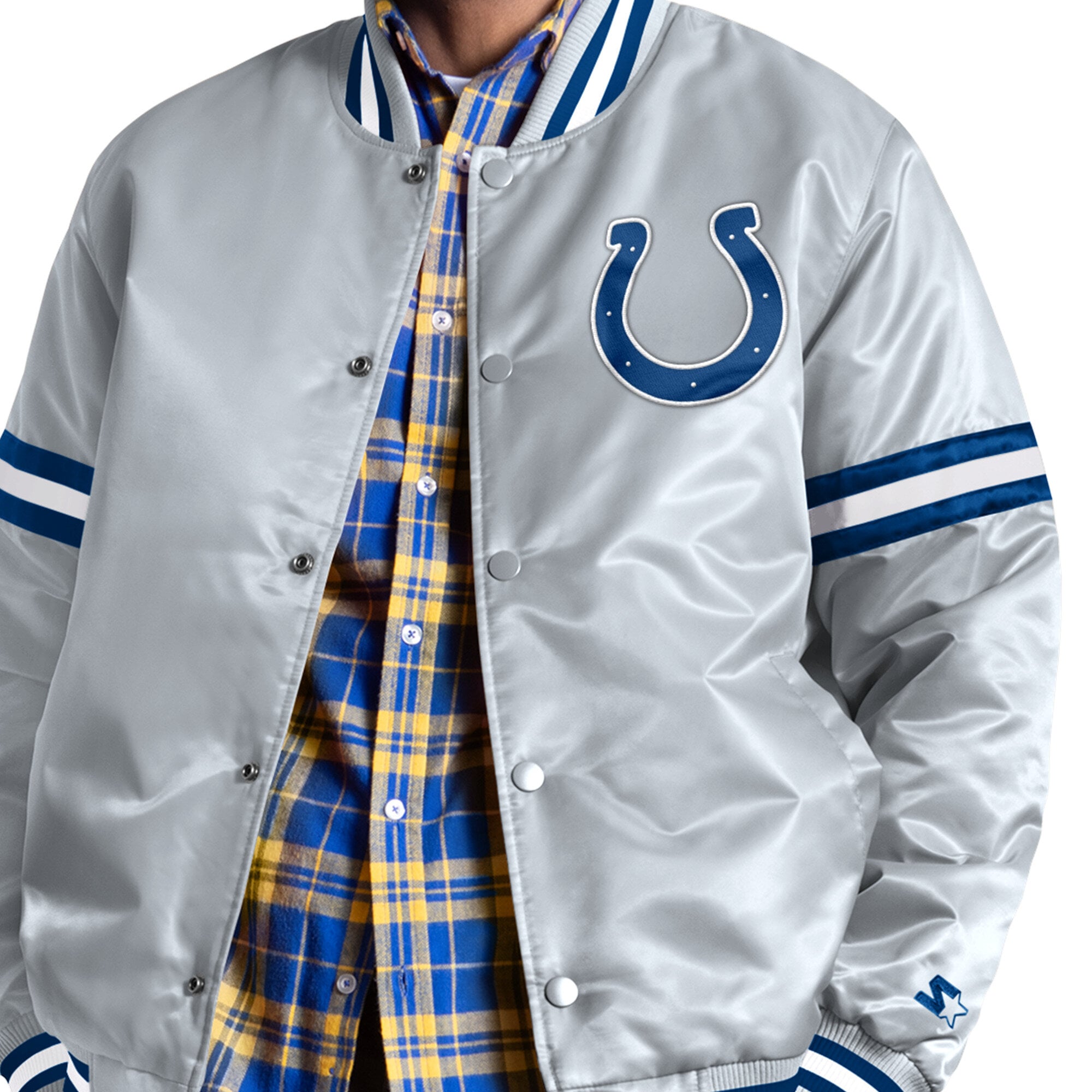 Veste universitaire Starter grise pour homme, logo alternatif Indianapolis Colts Courtside II, fermeture à boutons-pression.