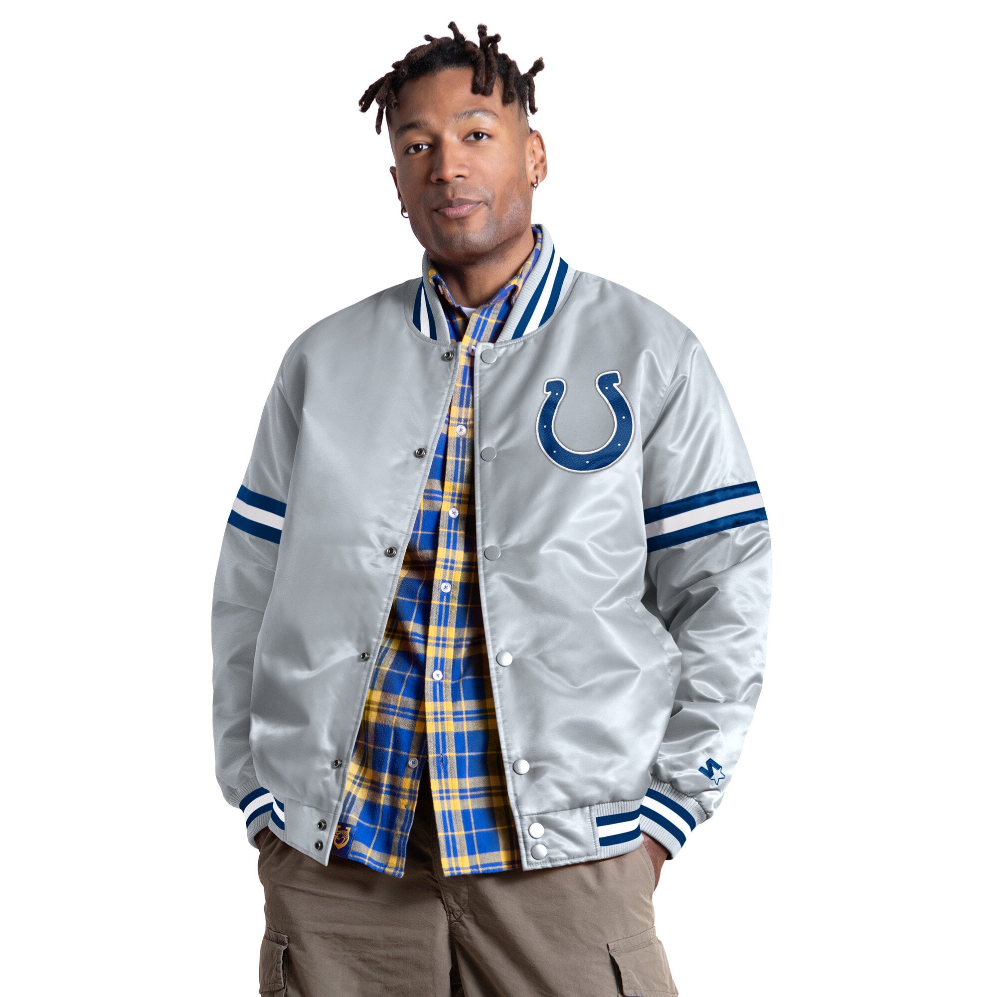 Veste universitaire Starter grise pour homme, logo alternatif Indianapolis Colts Courtside II, fermeture à boutons-pression.