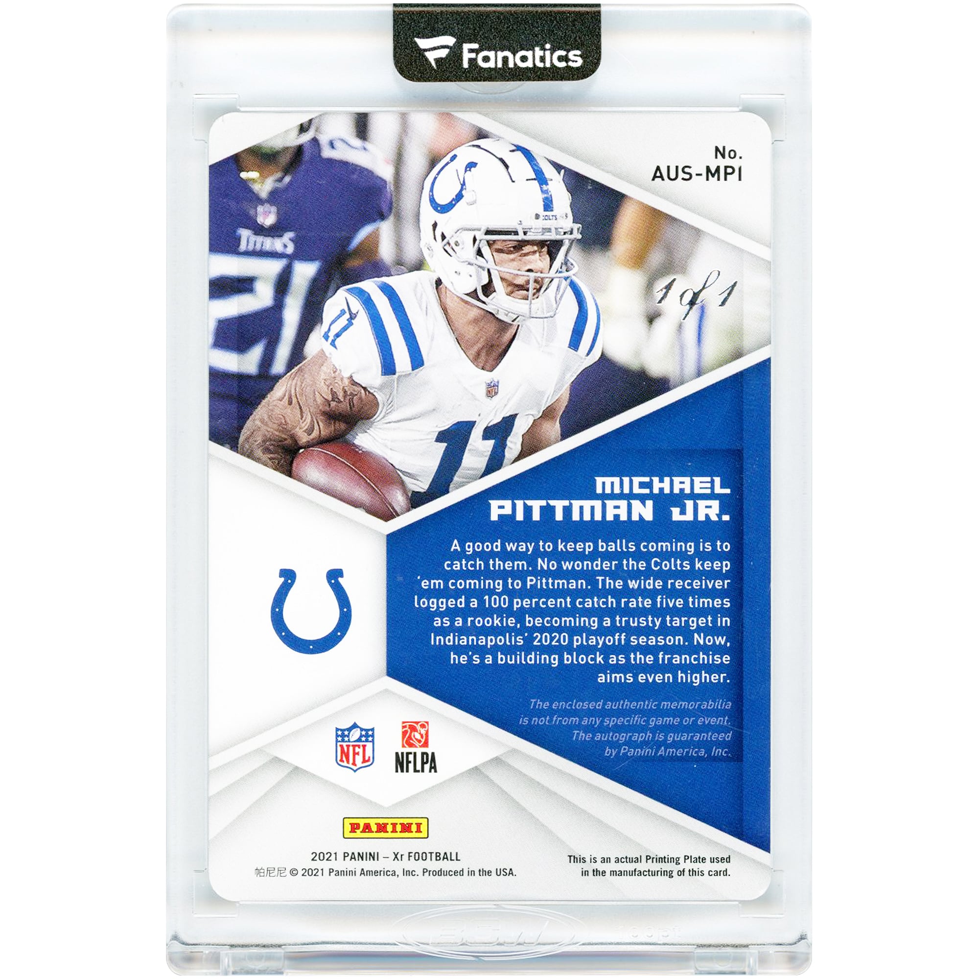 Carte Panini XR Black Printing Plate Relic 2021 autographiée par Michael Pittman Jr. (Indianapolis Colts) #AUS-MPI #1/1
