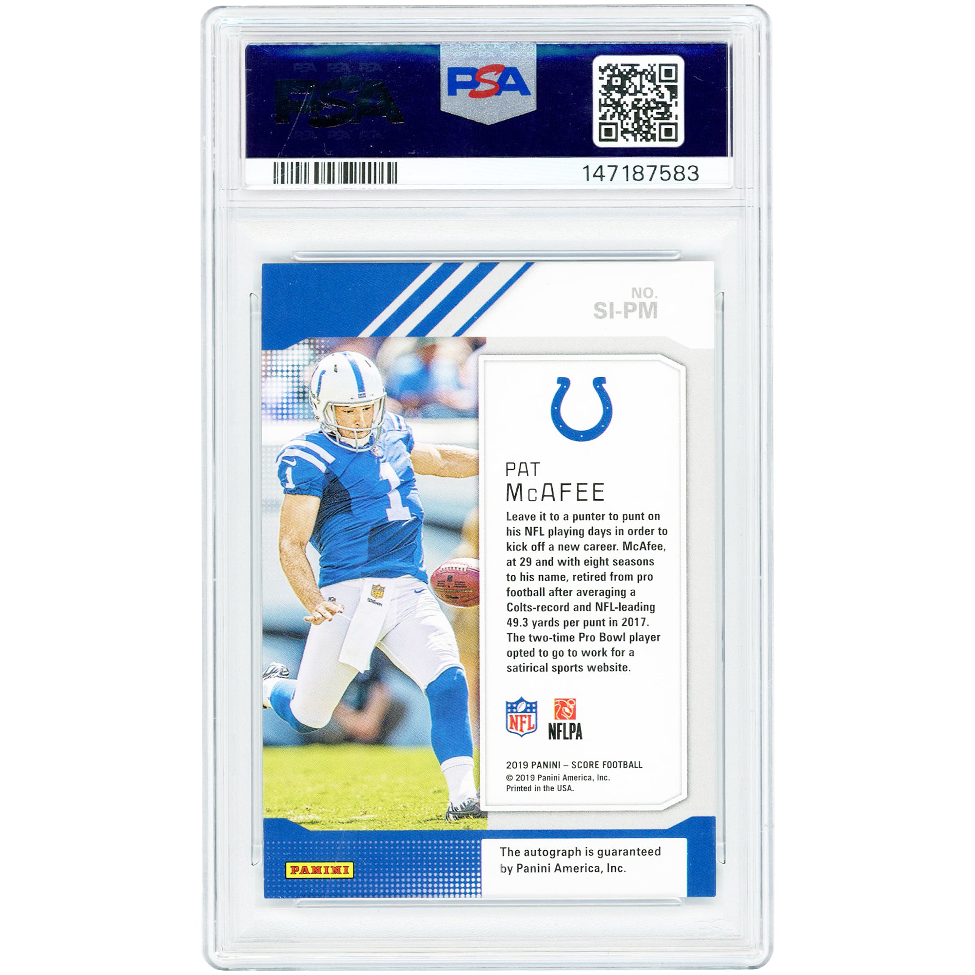 Pat McAfee Indianapolis Colts Autographed 2019 Panini Score #SI-PM PSA Authenticated 8.5/10 Card