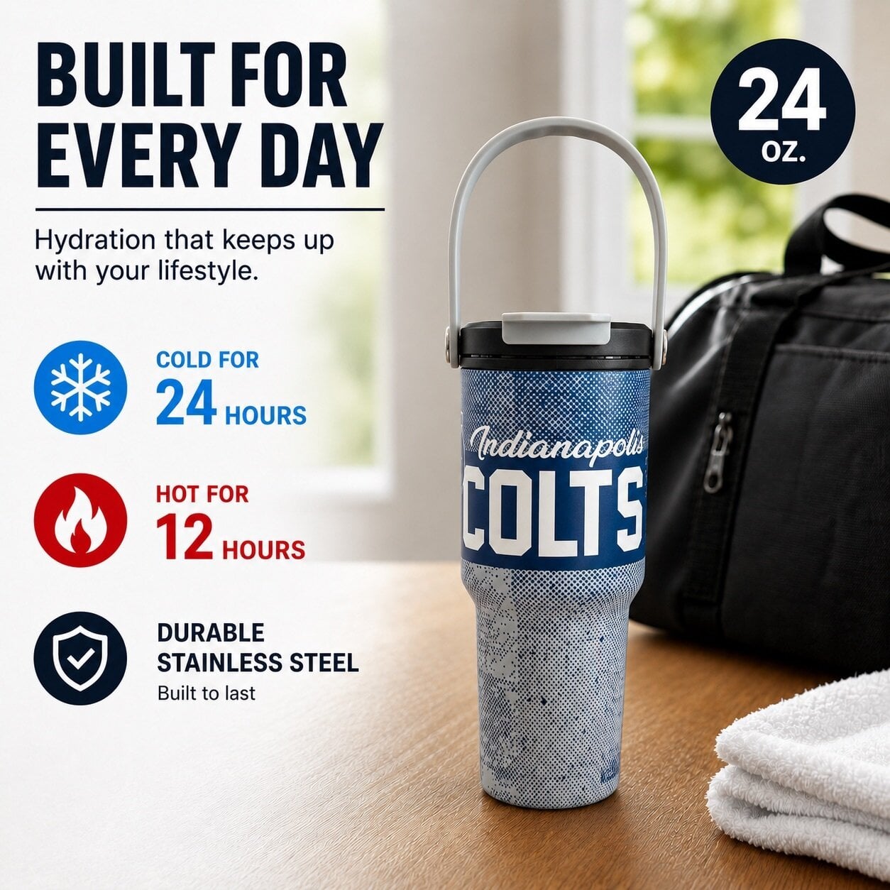 Gourde Pegasus Indianapolis Colts 710 ml (24 oz) en acier inoxydable à double bouchon et motif dégradé moucheté