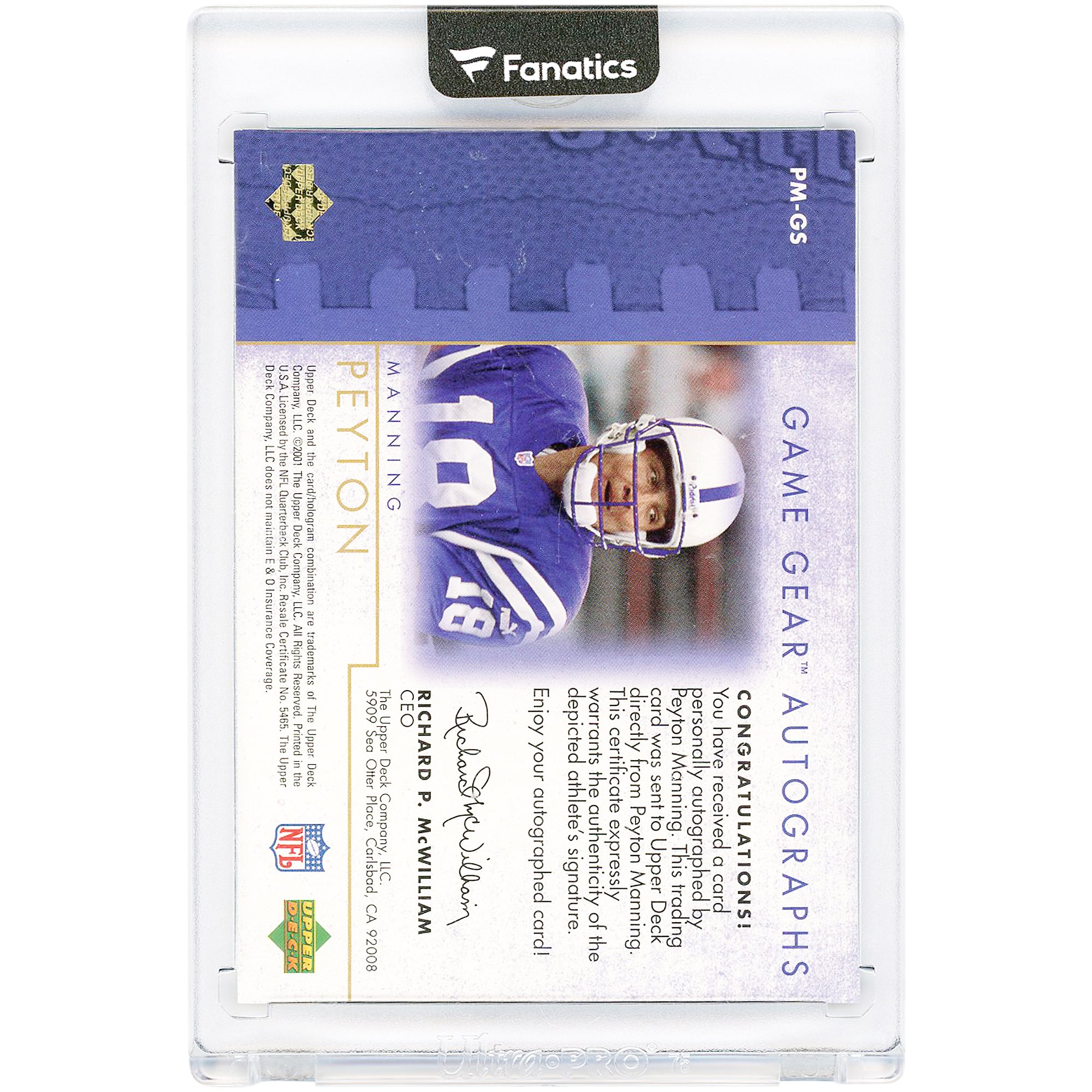 Peyton Manning Indianapolis Colts Autographed 2001 Upper Deck UD Game Gear #PM-GS Card
