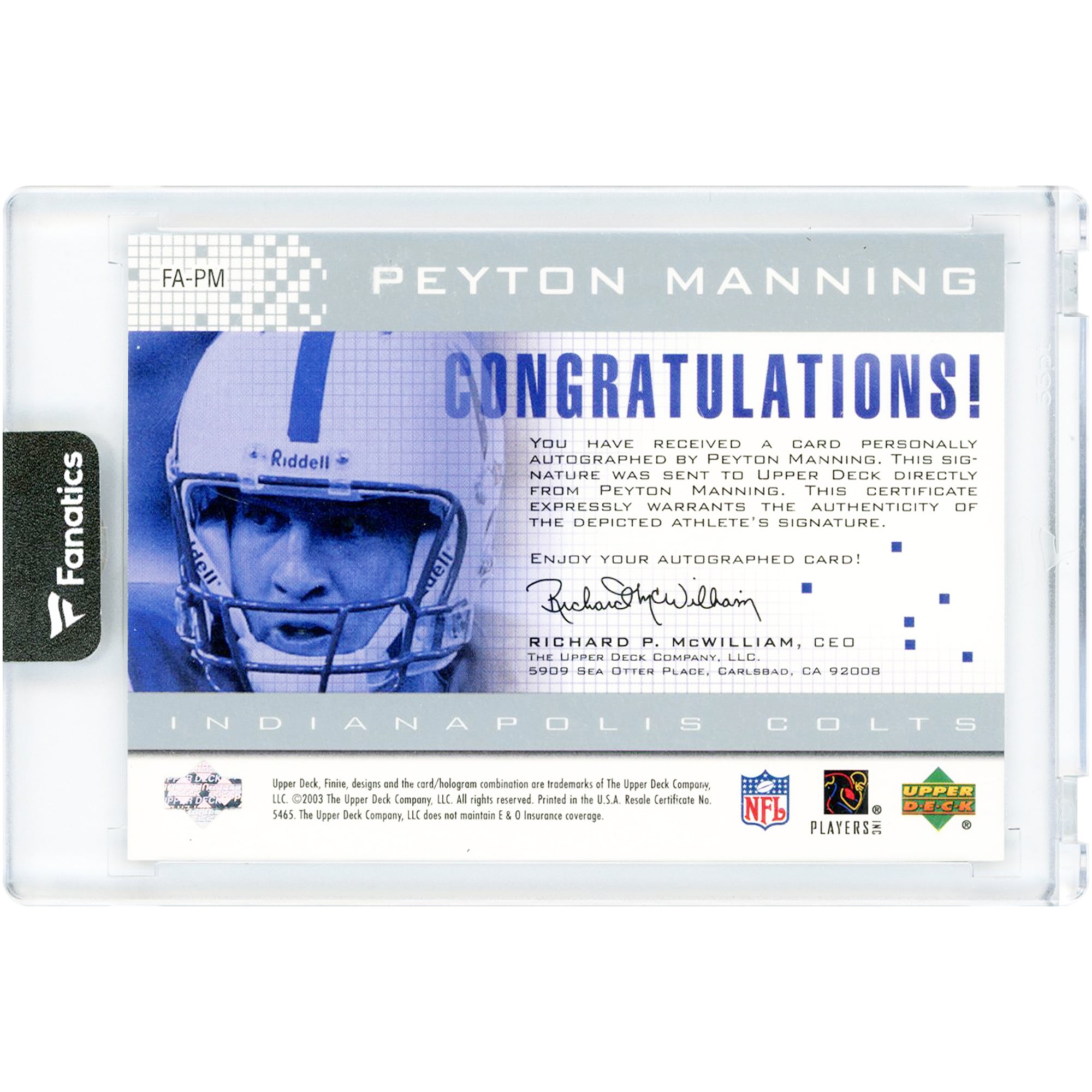 Carte Peyton Manning, Indianapolis Colts, autographiée, 2003 Upper Deck Finite Autographs #FA-PM #386/1280