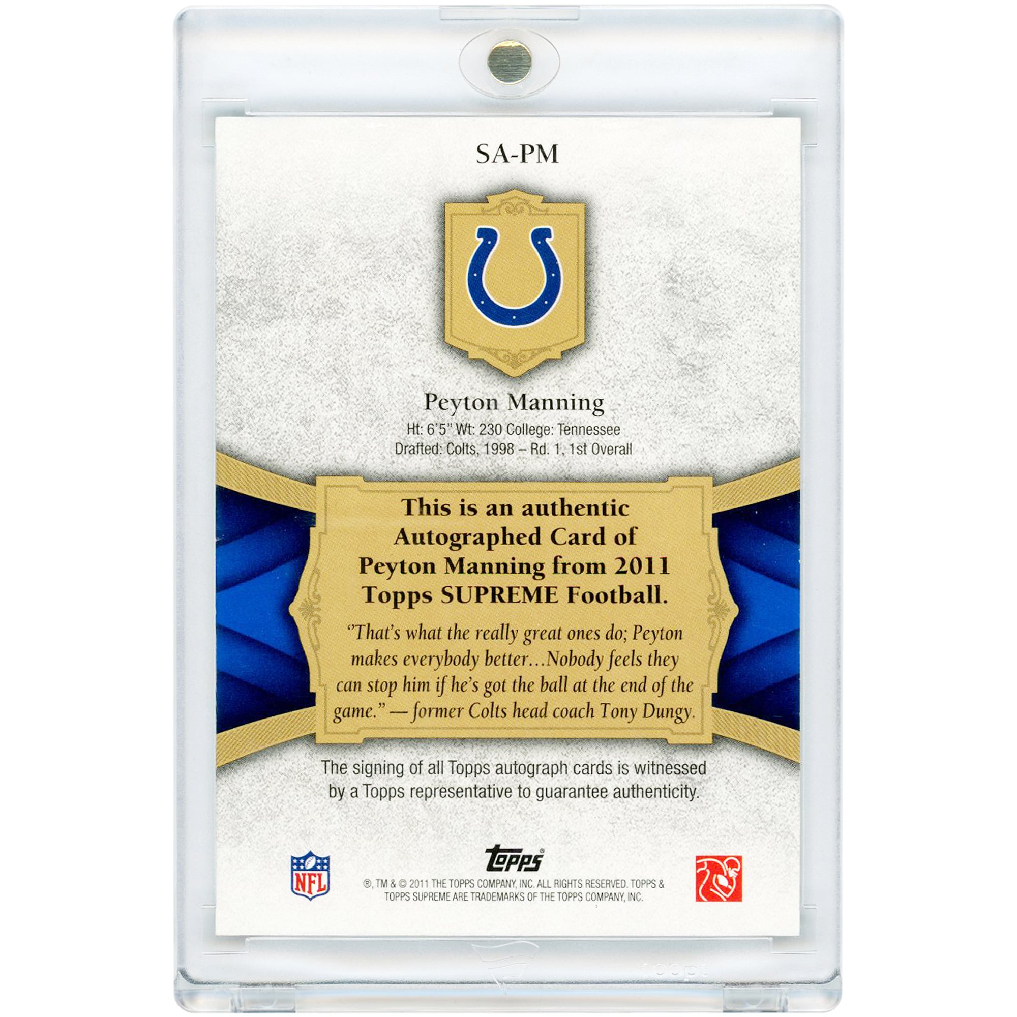 Carte autographiée de Peyton Manning (Indianapolis Colts) 2011 Topps Supreme Blue #SA-PM #7/27