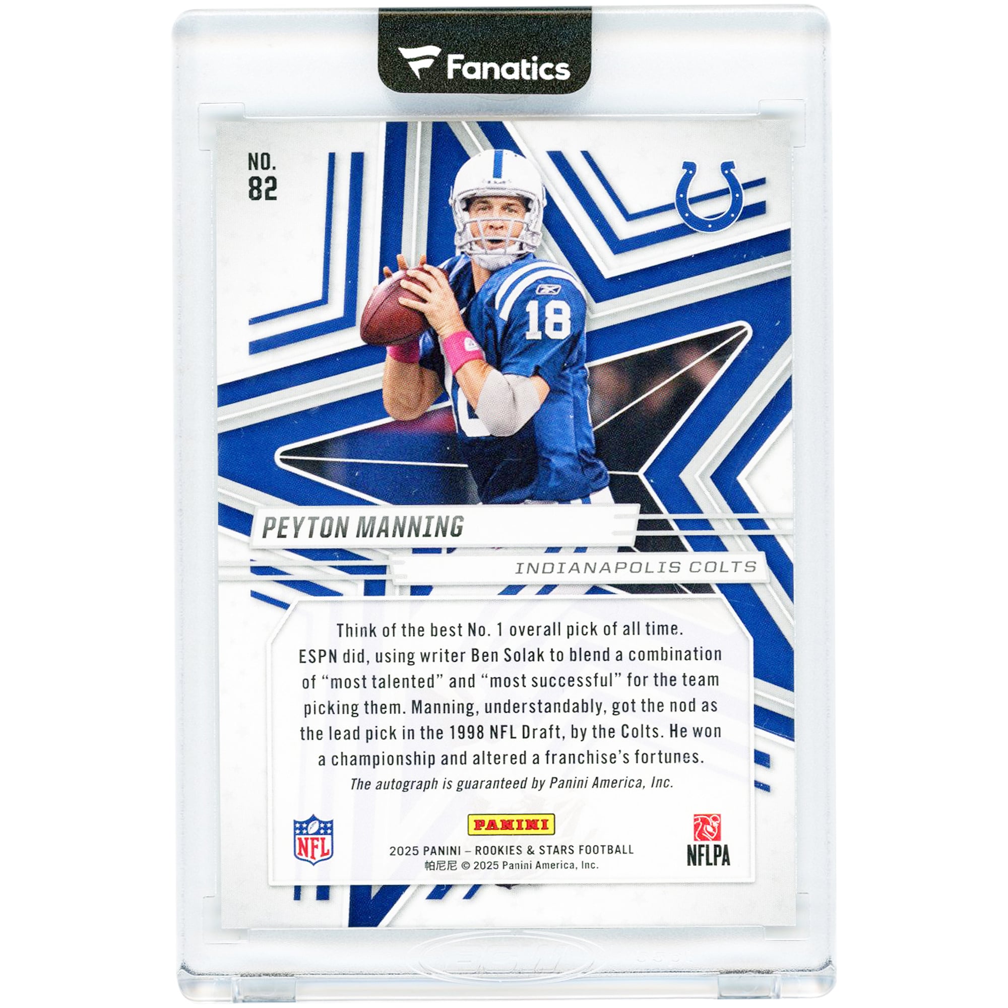Carte de recrue Panini 2025 n° 82 autographiée par Peyton Manning (Indianapolis Colts)