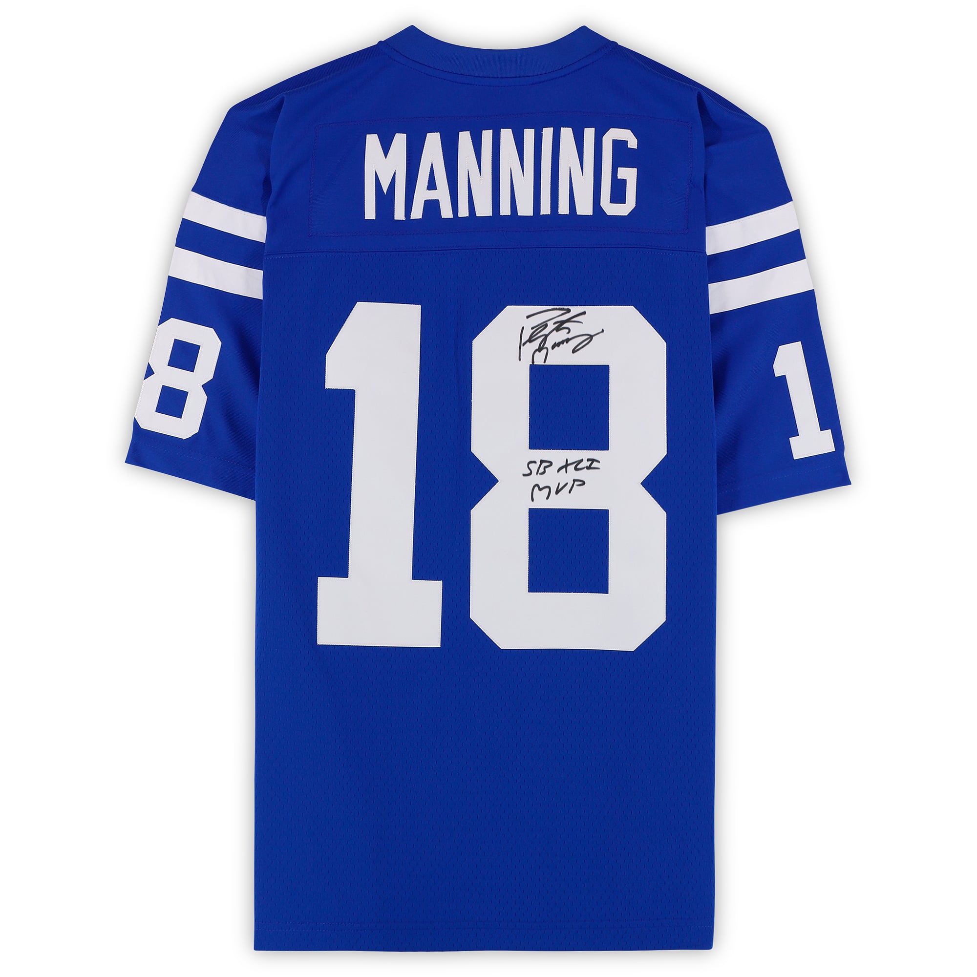 Maillot réplique Royal Mitchell & Ness 1998 autographié par Peyton Manning (Indianapolis Colts) avec inscription « SB XLI MVP ».