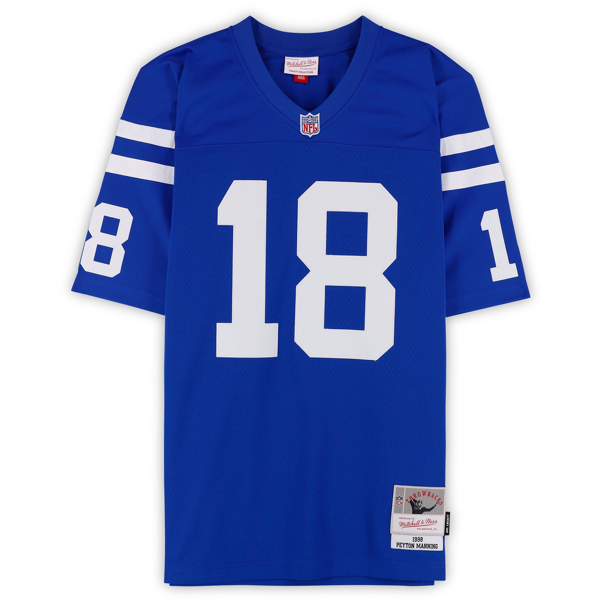 Maillot réplique Royal Mitchell & Ness 1998 autographié par Peyton Manning (Indianapolis Colts) avec inscription « SB XLI MVP ».