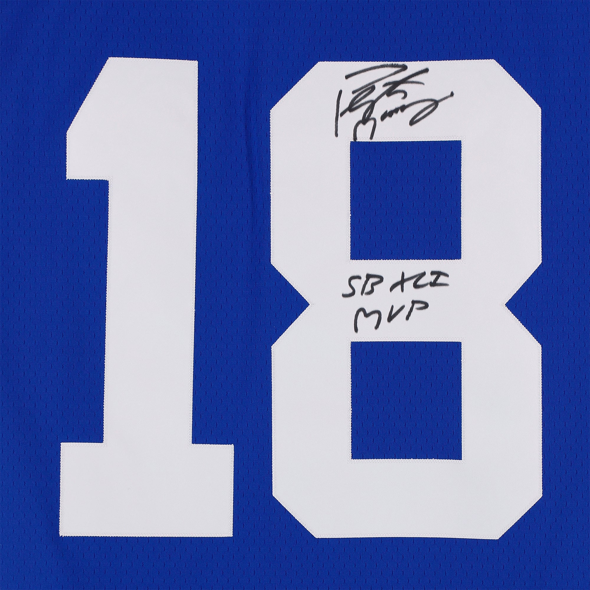 Maillot réplique Royal Mitchell & Ness 1998 autographié par Peyton Manning (Indianapolis Colts) avec inscription « SB XLI MVP ».