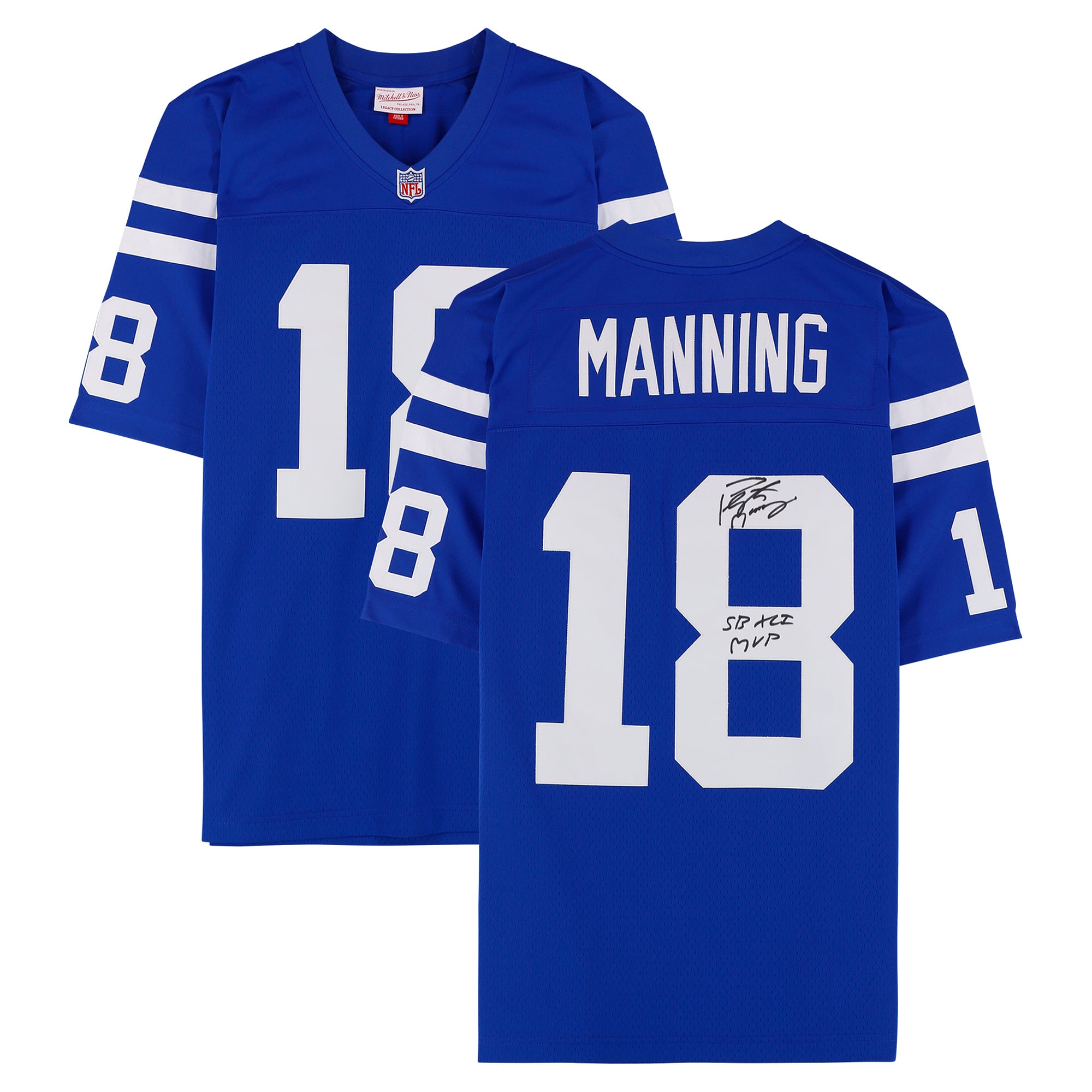 Maillot réplique Royal Mitchell & Ness 1998 autographié par Peyton Manning (Indianapolis Colts) avec inscription « SB XLI MVP ».