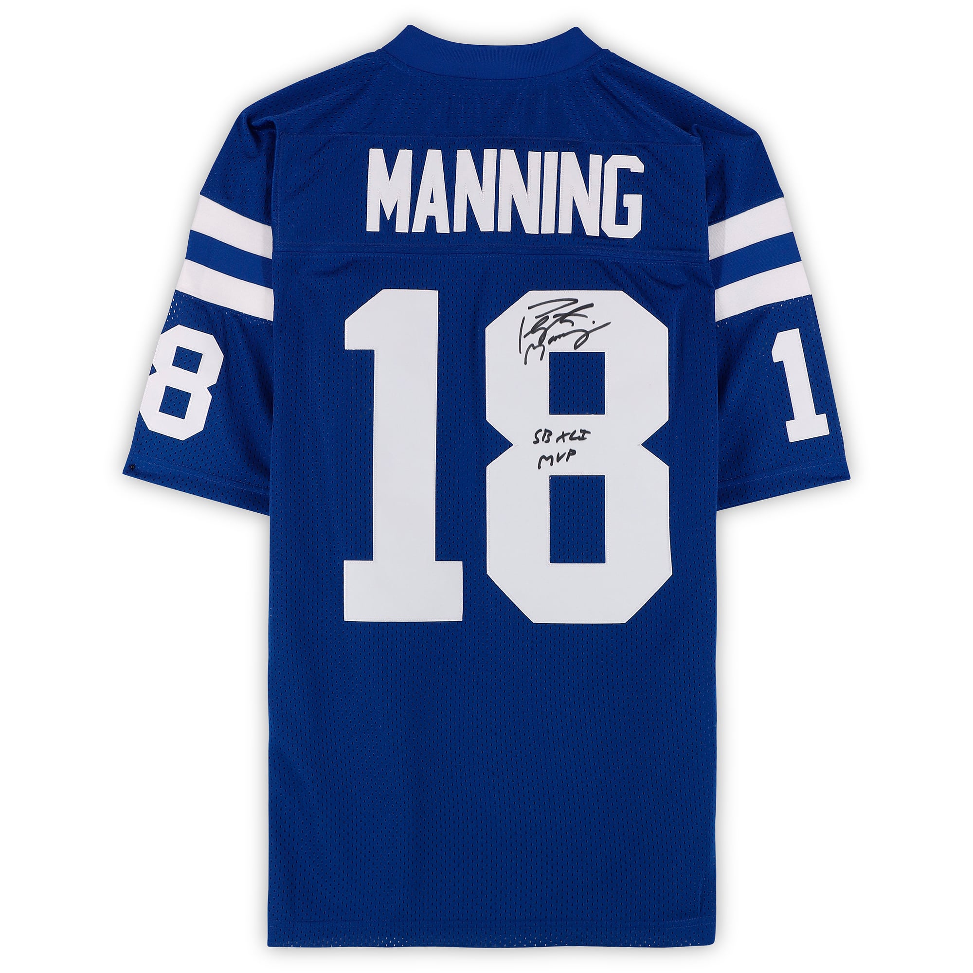 Maillot authentique Royal Mitchell & Ness autographié par Peyton Manning des Indianapolis Colts avec inscription « SB XLI MVP »