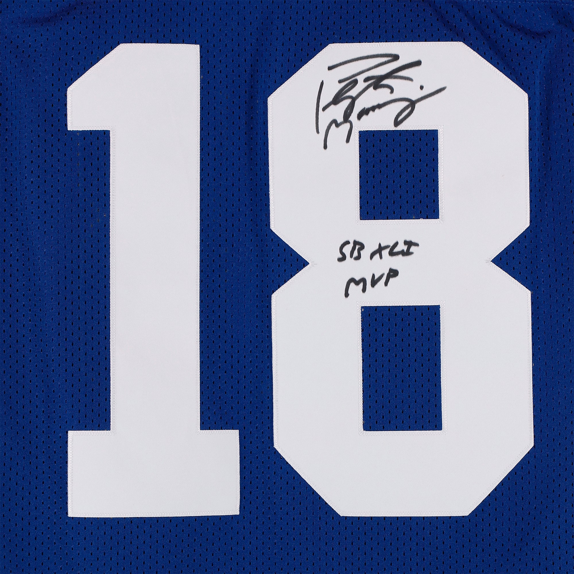 Maillot authentique Royal Mitchell & Ness autographié par Peyton Manning des Indianapolis Colts avec inscription « SB XLI MVP »
