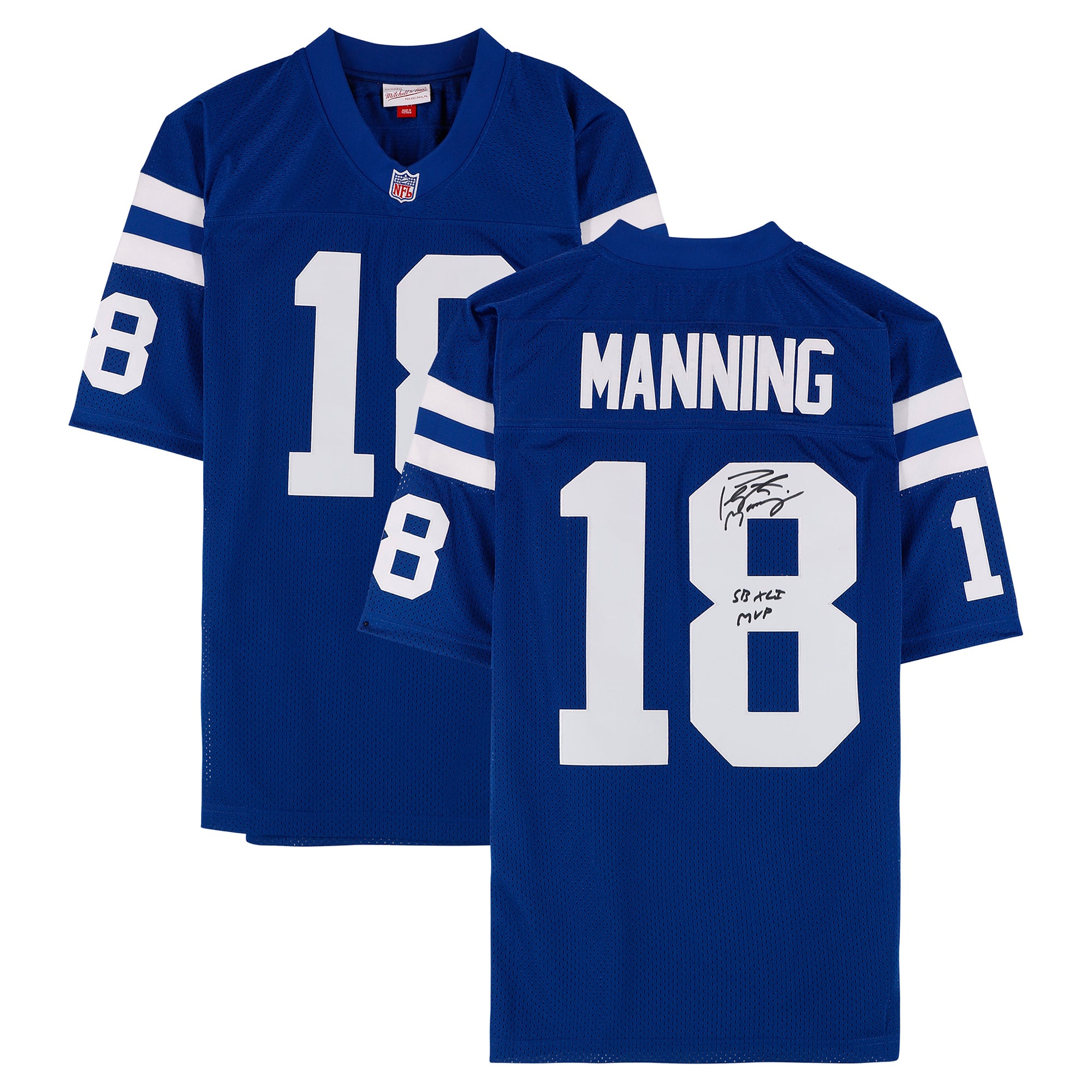 Maillot authentique Royal Mitchell & Ness autographié par Peyton Manning des Indianapolis Colts avec inscription « SB XLI MVP »