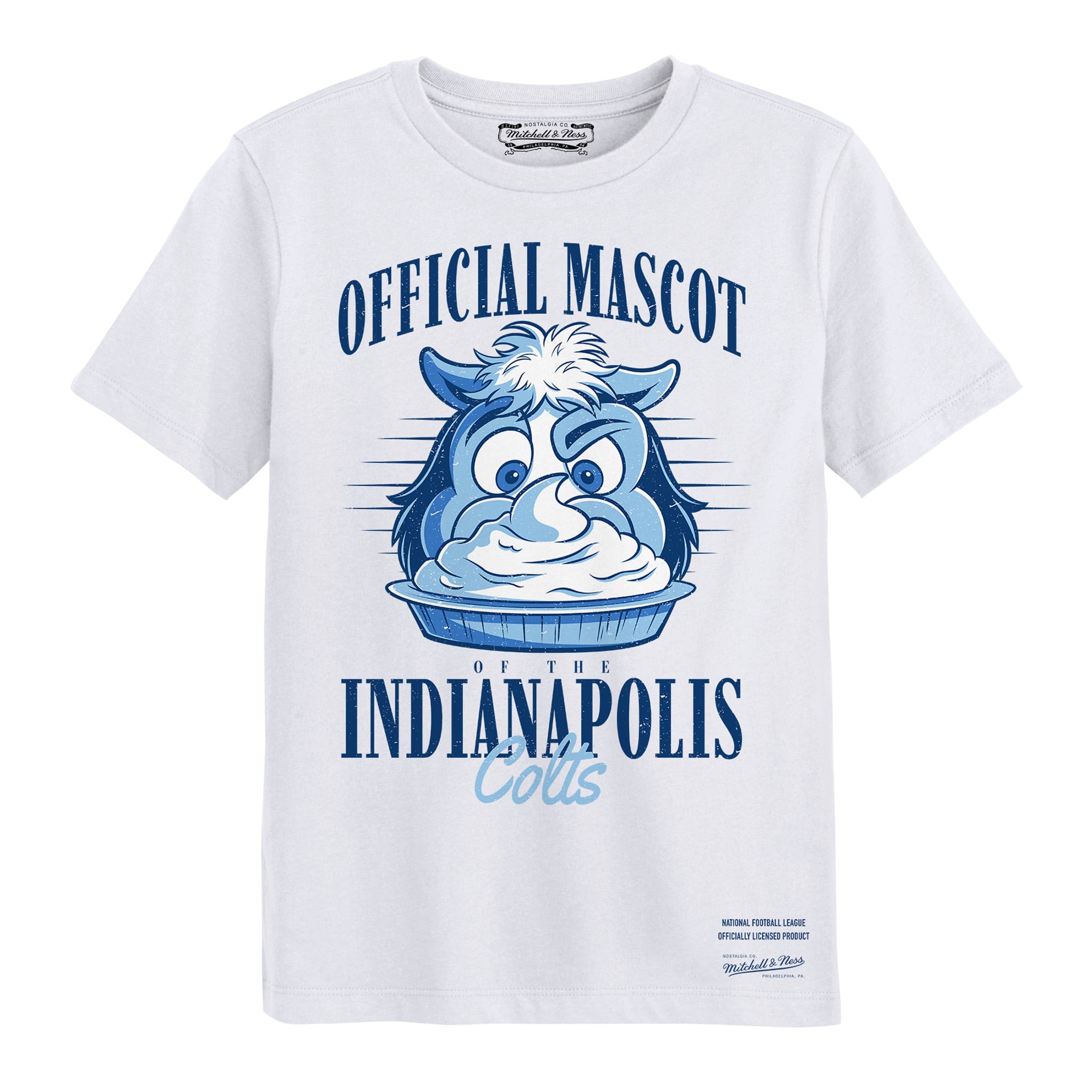 T-shirt officiel Mitchell & Ness blanc pour enfants d'âge préscolaire, mascotte des Colts d'Indianapolis