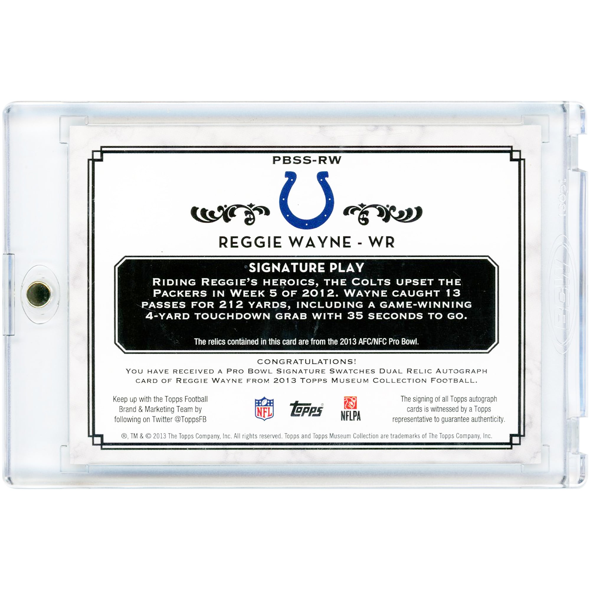 Carte autographiée de Reggie Wayne (Indianapolis Colts) – Collection Topps Museum 2013 – Pro Bowl – Échantillons de maillot portés en match – Double signature – #PBSS-RW #17/55