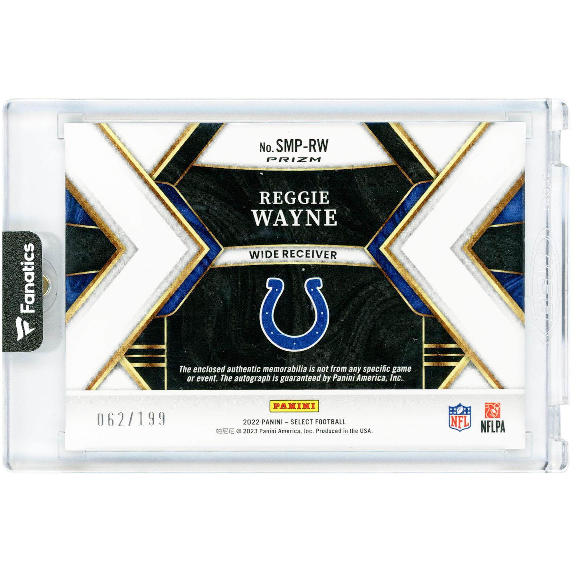 Carte autographiée par Reggie Wayne des Indianapolis Colts, Panini Select Relic Silver Prizm 2022 #SMP-RW #62/199