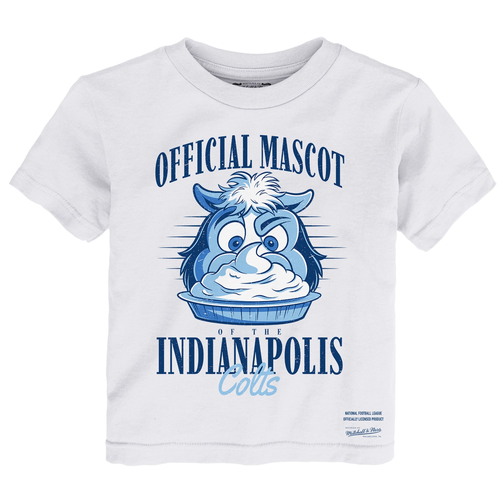 T-shirt Mitchell & Ness blanc pour tout-petit, mascotte officielle des Colts d'Indianapolis