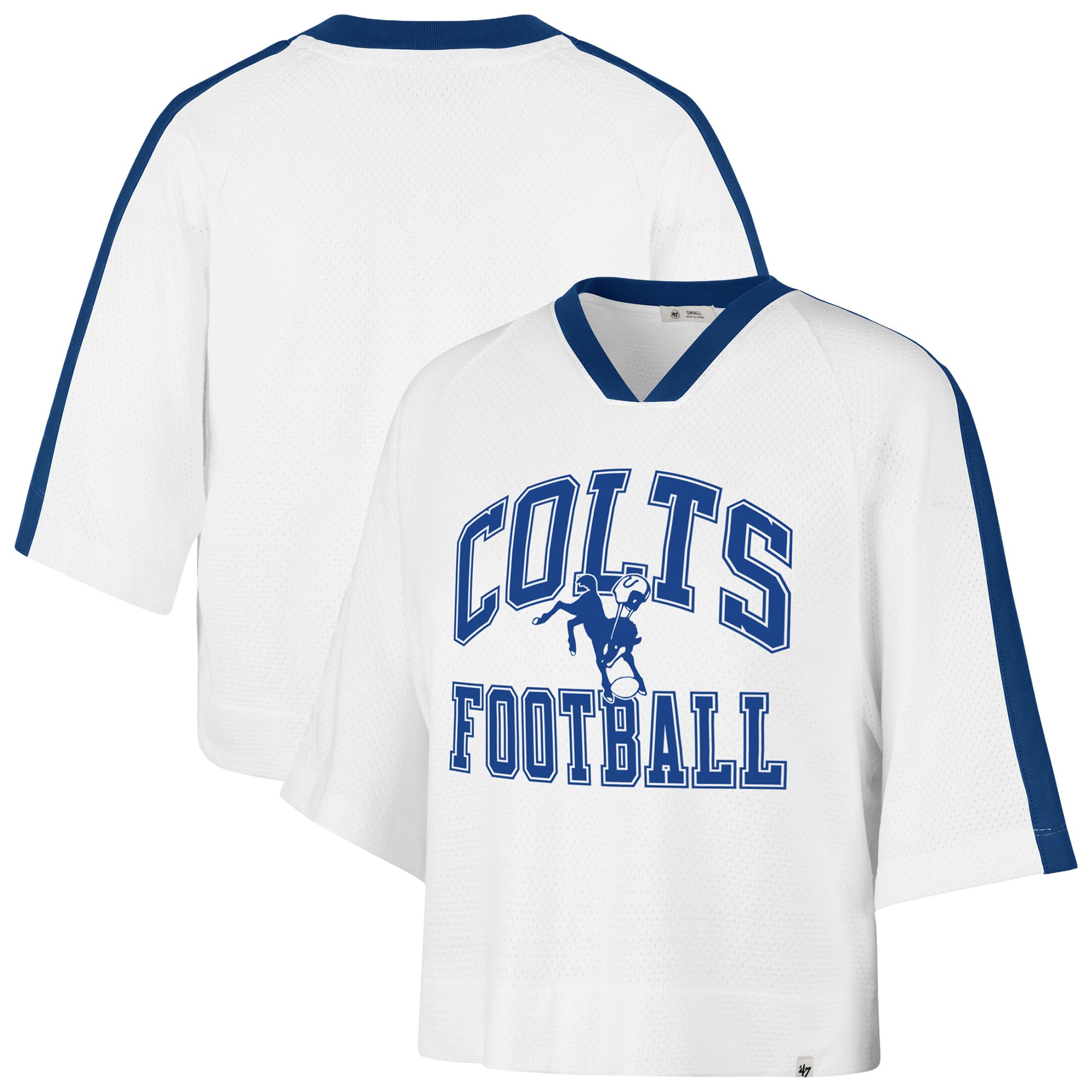 T-shirt raglan à col en V pour femme, modèle '47 blanc Indianapolis Colts, avec aiguille long col.