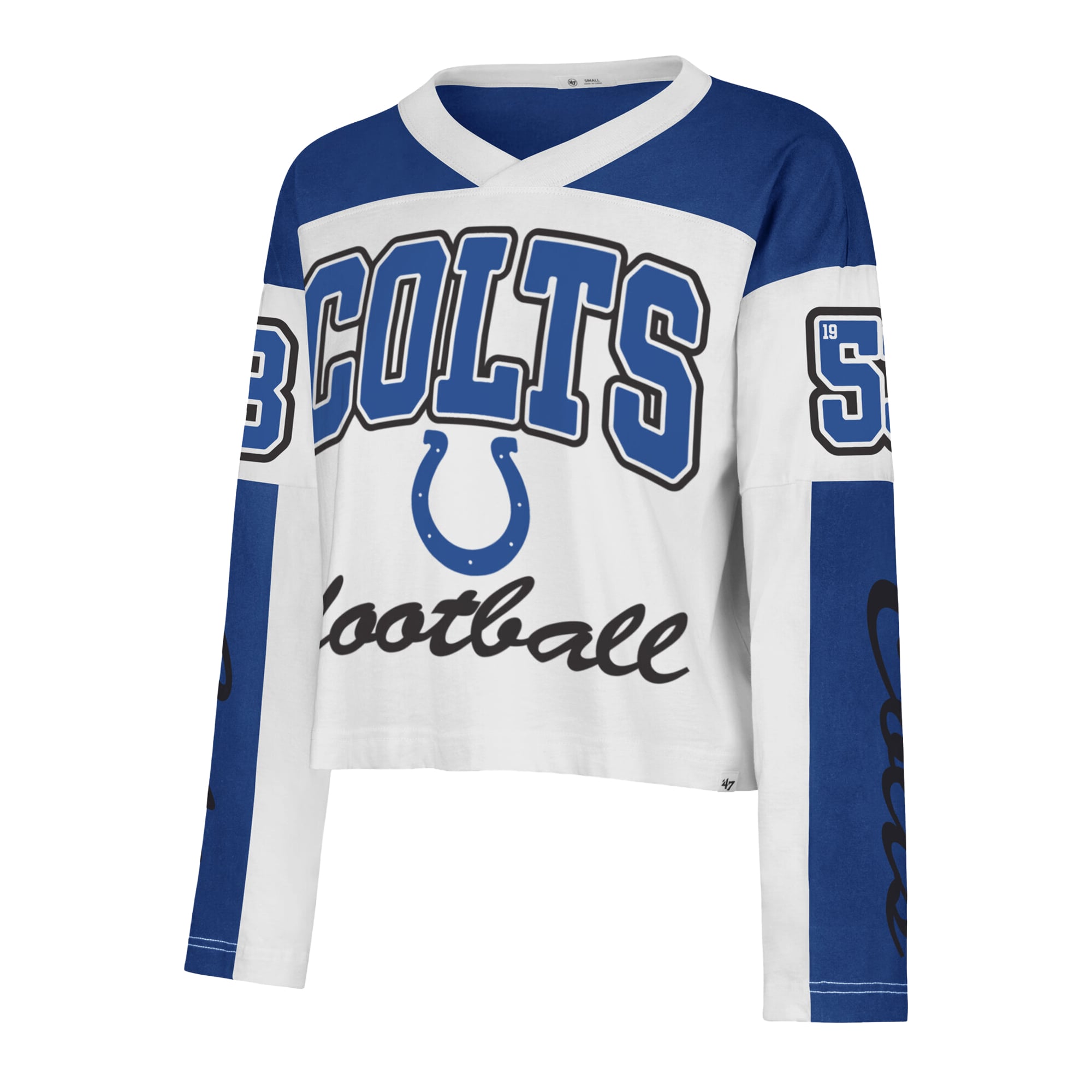 T-shirt à manches longues et col en V blanc Indianapolis Colts « 47 » pour femme