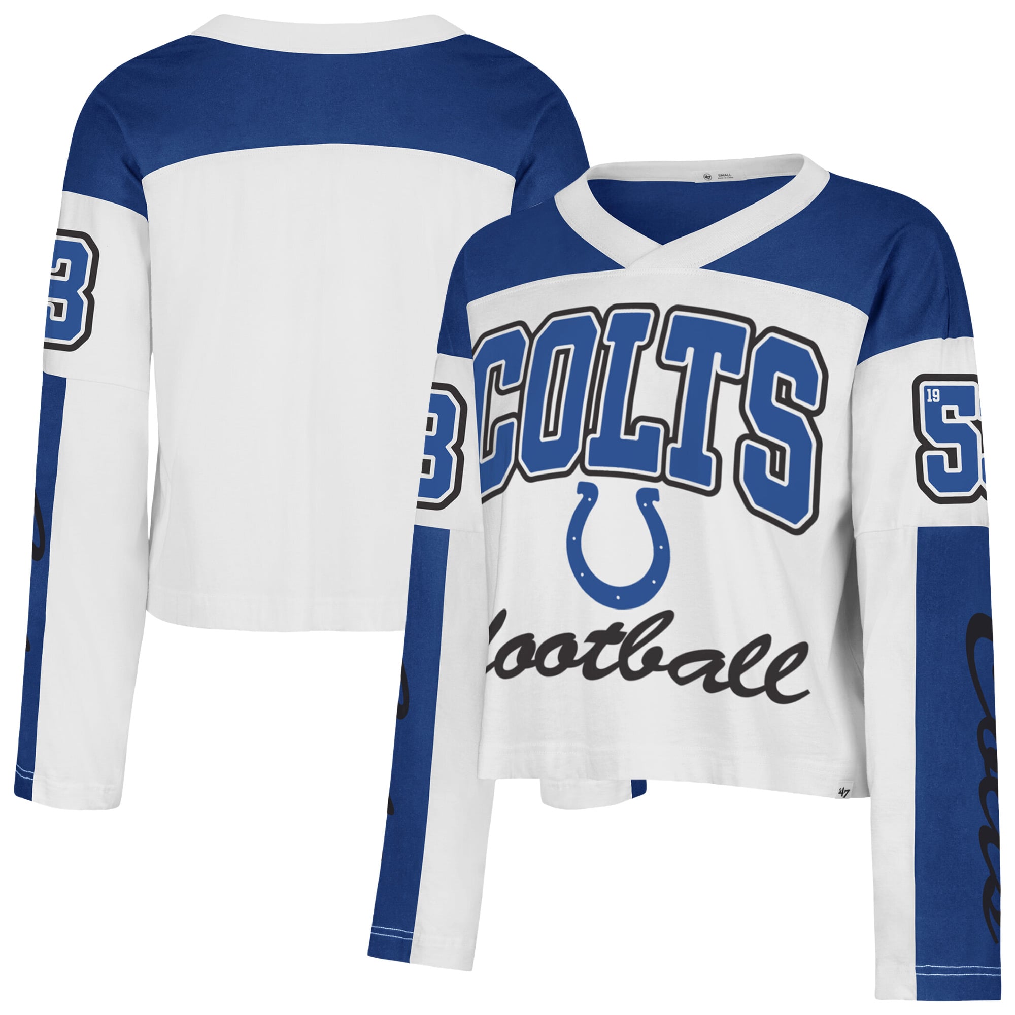 T-shirt à manches longues et col en V blanc Indianapolis Colts « 47 » pour femme