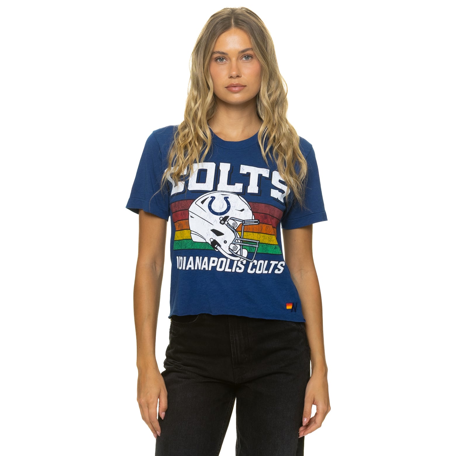 T-shirt Aviator Nation Royal Indianapolis Colts pour femme, coupe carrée, style boyfriend, en mélange de trois matières