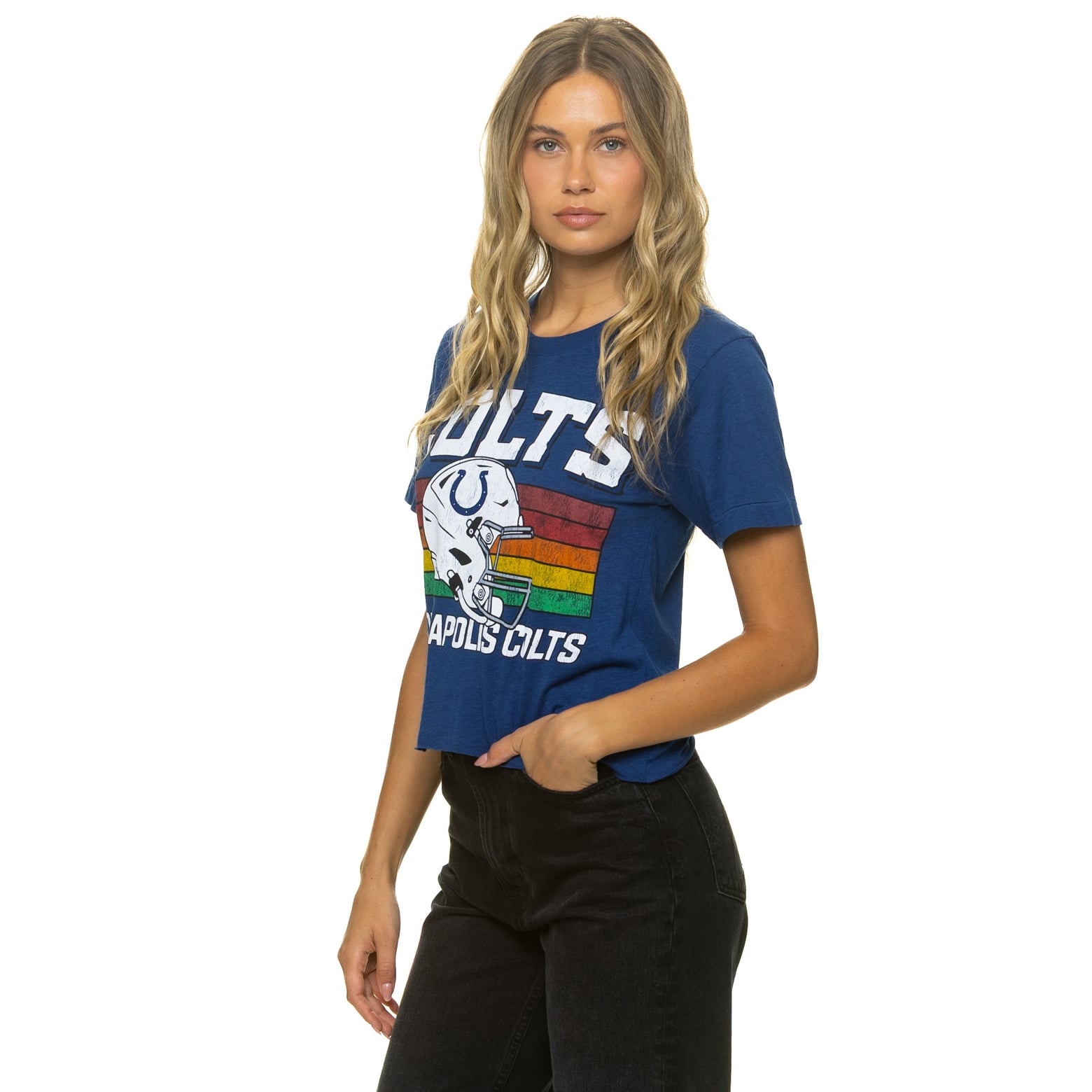 T-shirt Aviator Nation Royal Indianapolis Colts pour femme, coupe carrée, style boyfriend, en mélange de trois matières