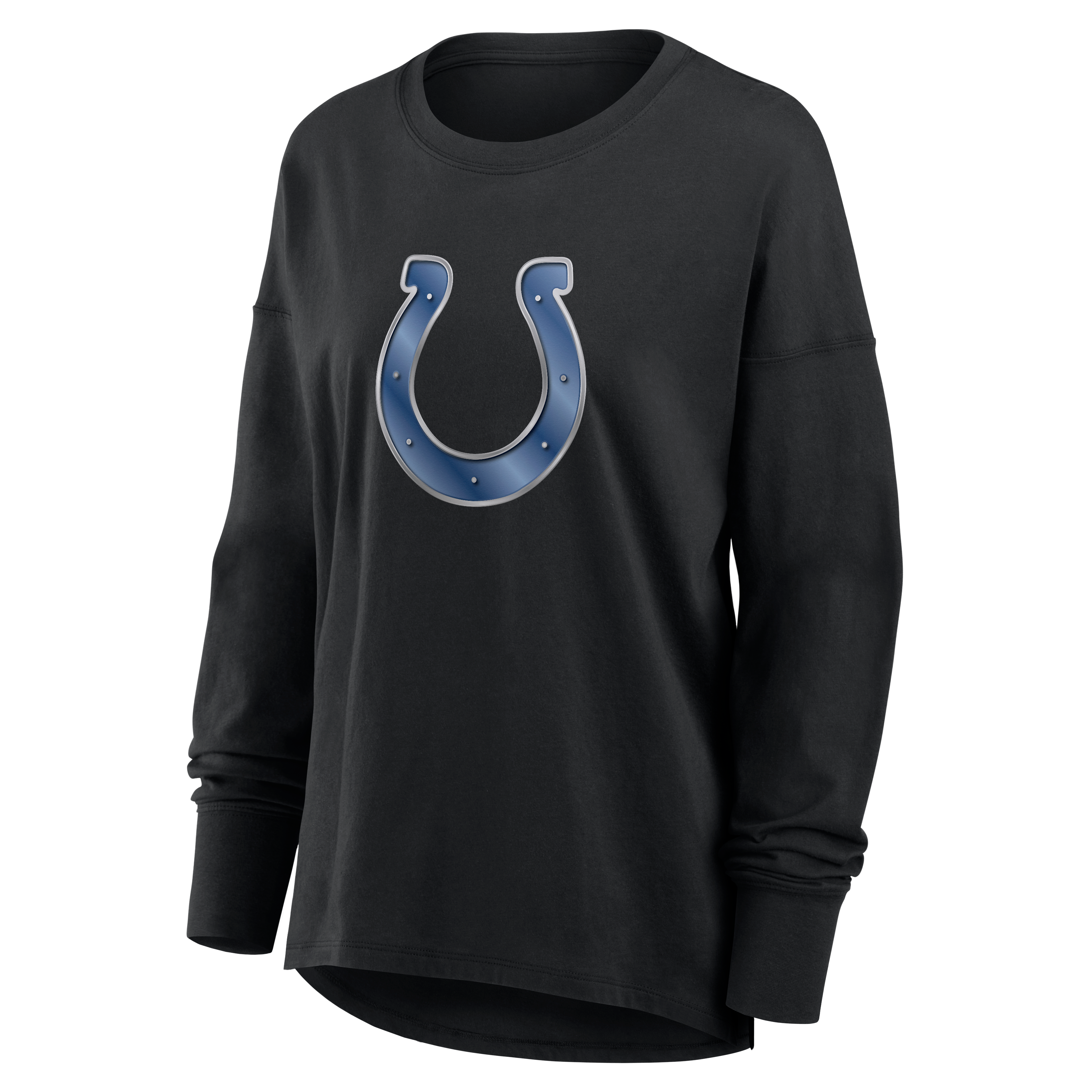 T-shirt à manches longues noir pour femmes avec mascotte métallique des Colts d'Indianapolis