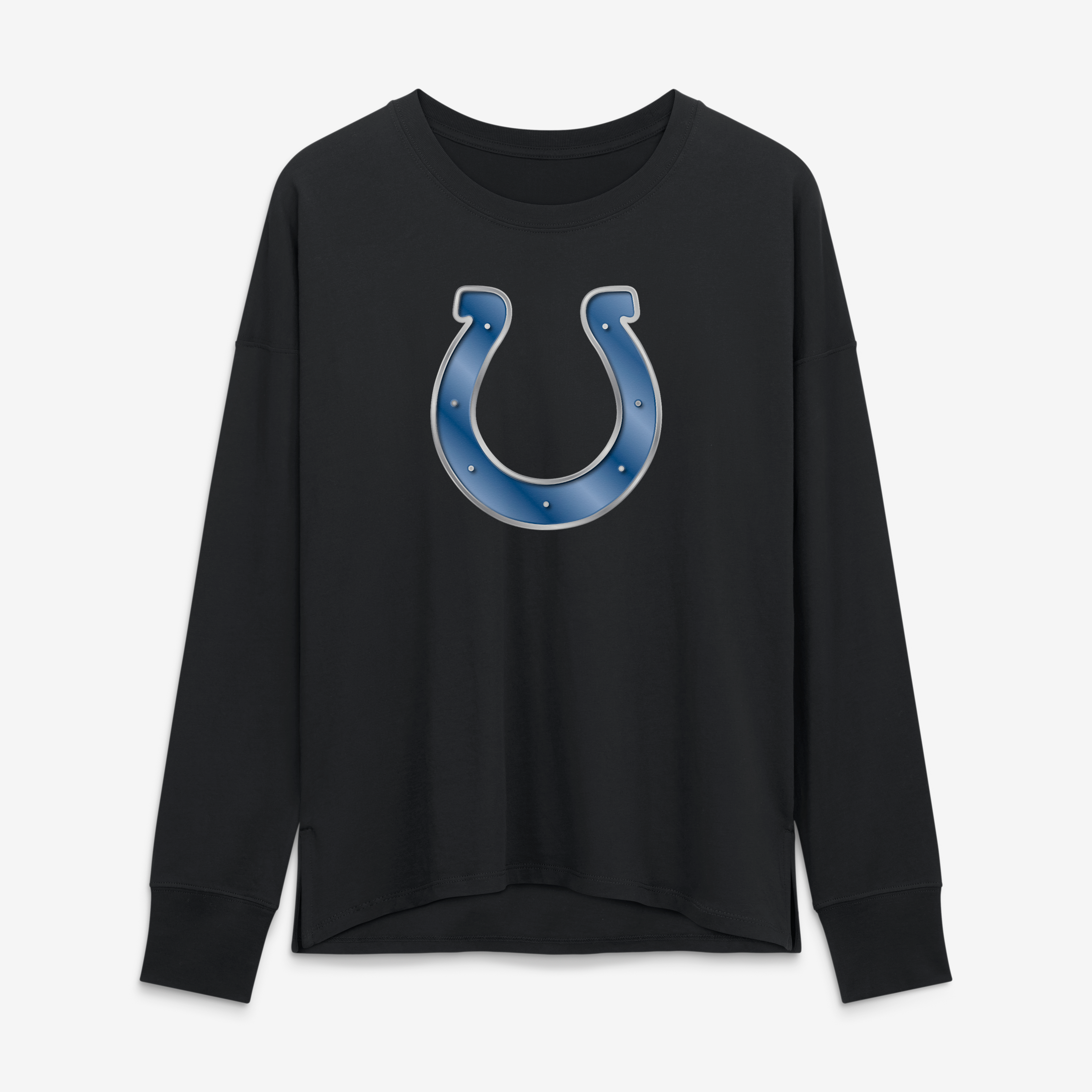 T-shirt à manches longues noir pour femmes avec mascotte métallique des Colts d'Indianapolis