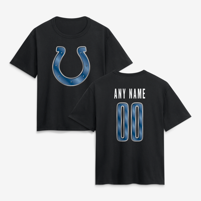 Indianapolis Colts Women's Metallic Mascot Personalized Name & Number T-Shirt - Black