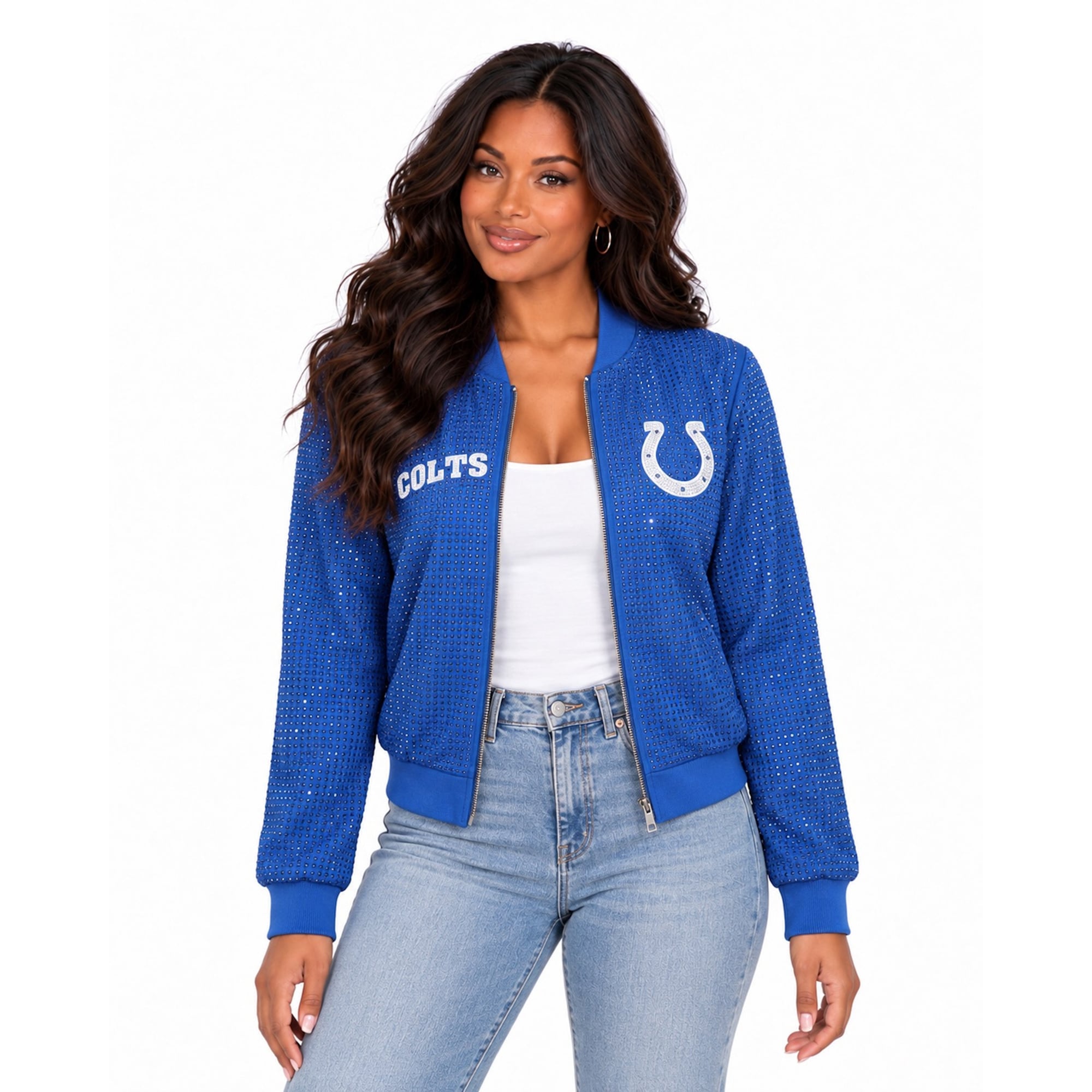 Veste bomber zippée intégrale FABGATING by Cuce Royal Indianapolis Colts Crystal pour femme