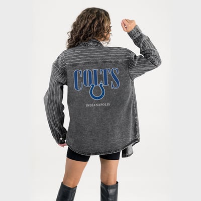  Indianapolis Colts Gameday Couture Women's End Zone Energy Rhinestone Washed Full-Snap Denim Overshirt - Black