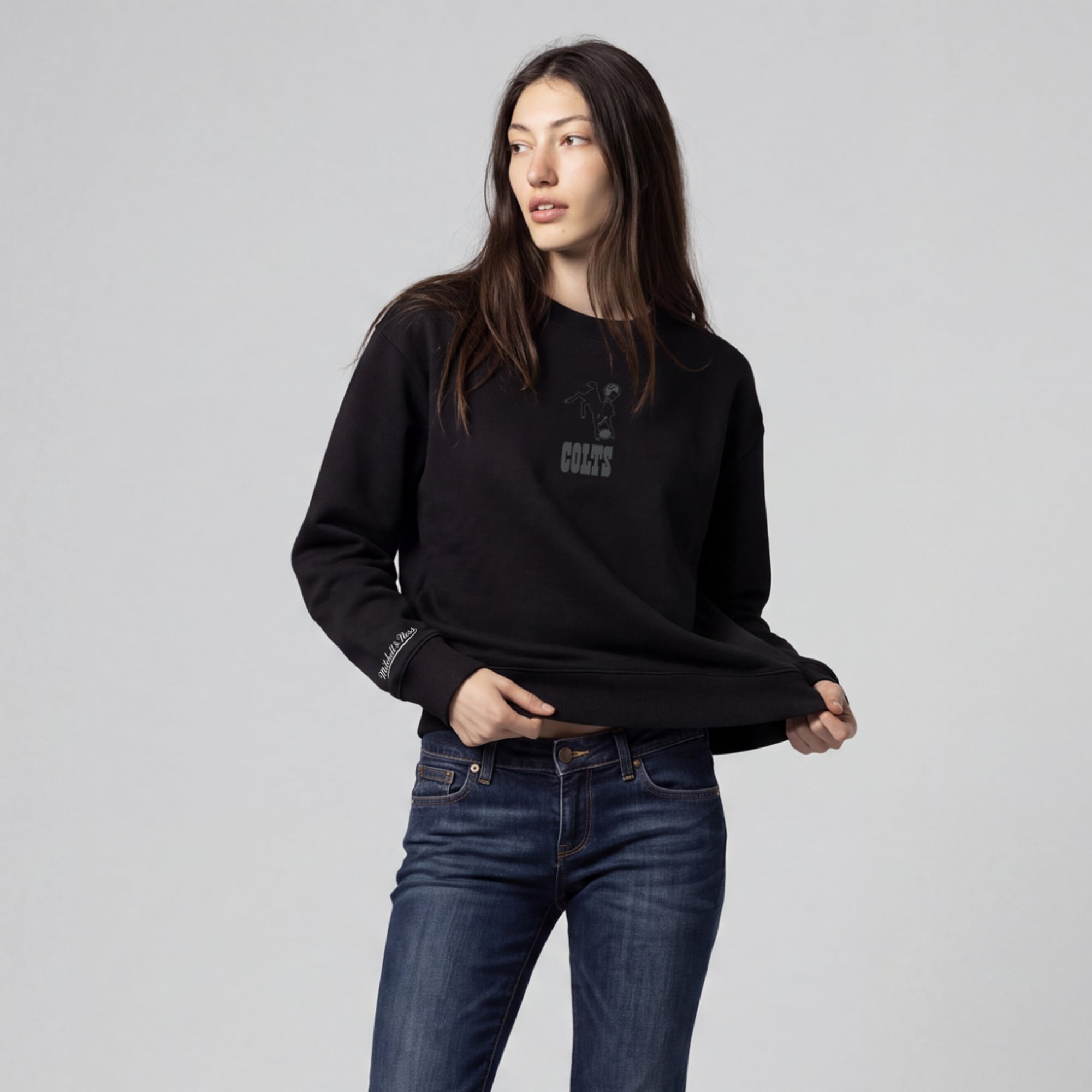 Women's Mitchell & Ness Black Indianapolis Colts Core Essentials Micro Logo Fleece Sweatshirt