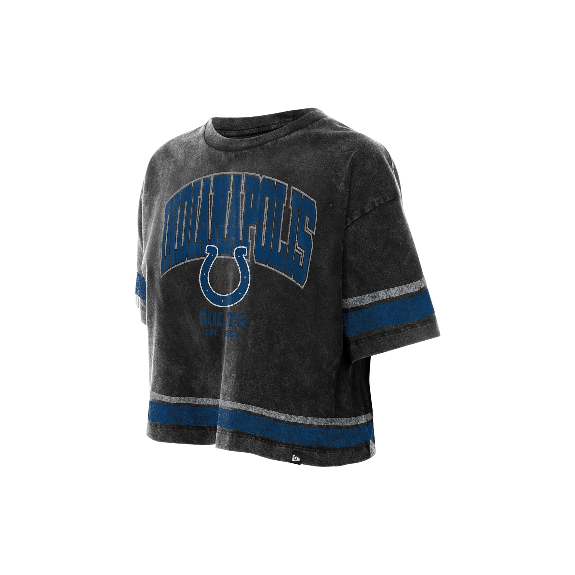 T-shirt court New Era noir pour femme, style Indianapolis Colts, délavage minéral, coupe carrée.