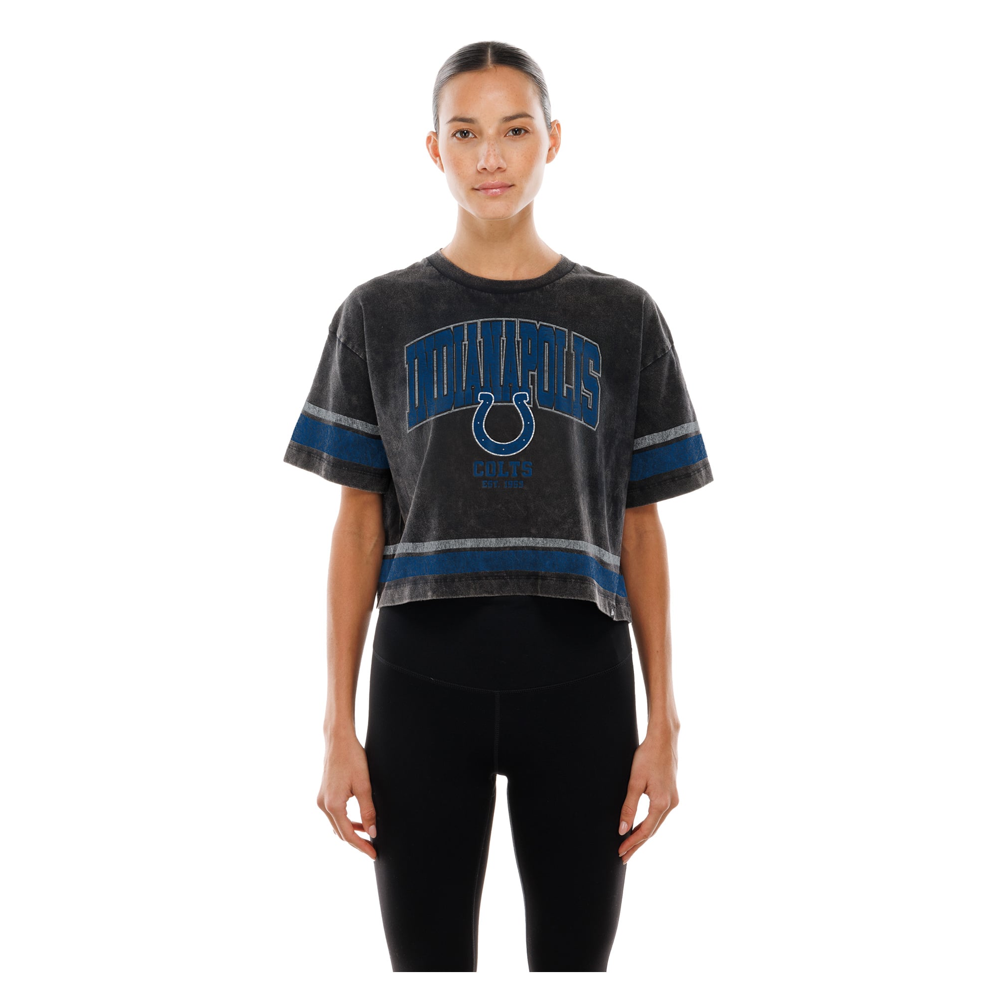 T-shirt court New Era noir pour femme, style Indianapolis Colts, délavage minéral, coupe carrée.