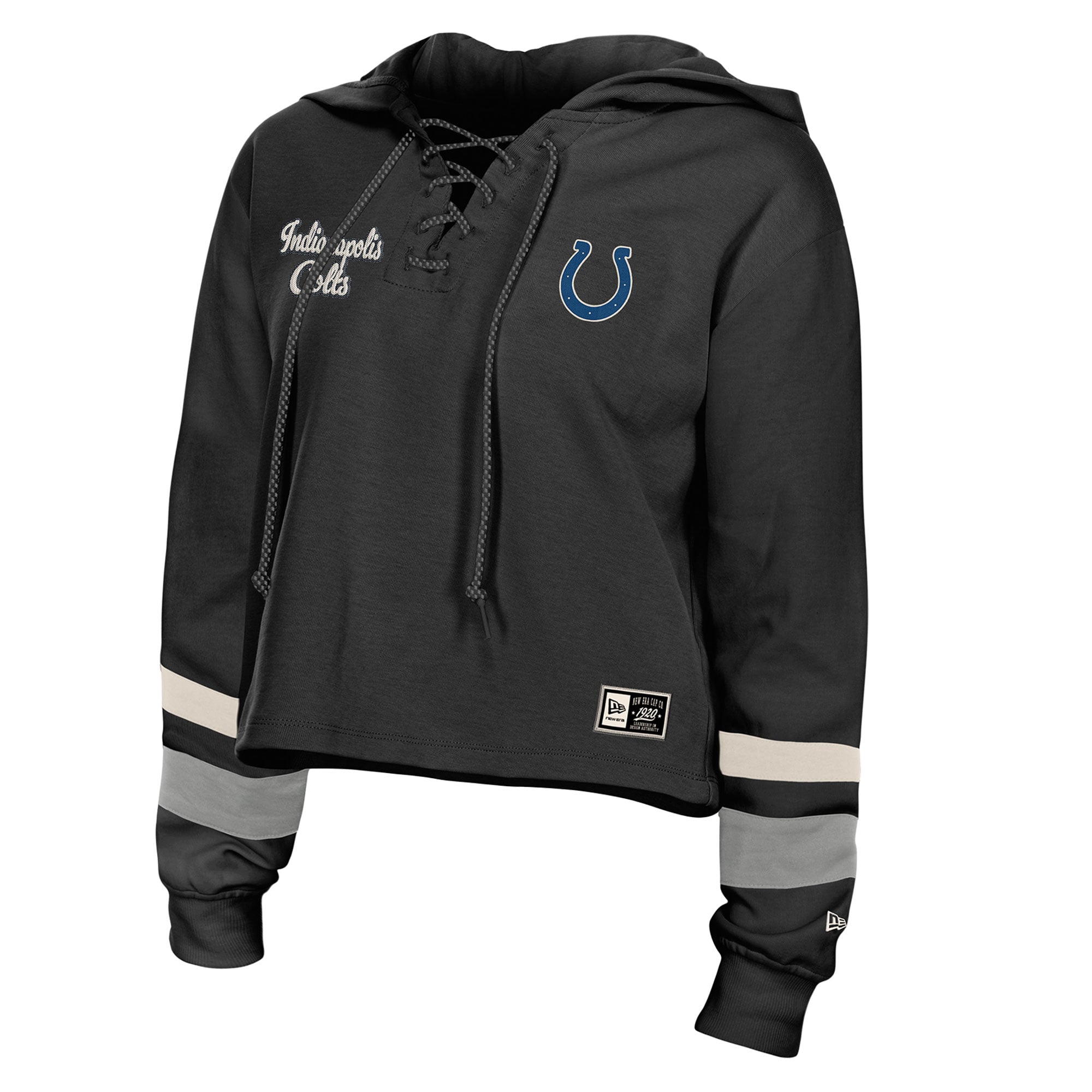 Sweat à capuche court rétro lacets New Era noir pour femme, grandes tailles, Indianapolis Colts