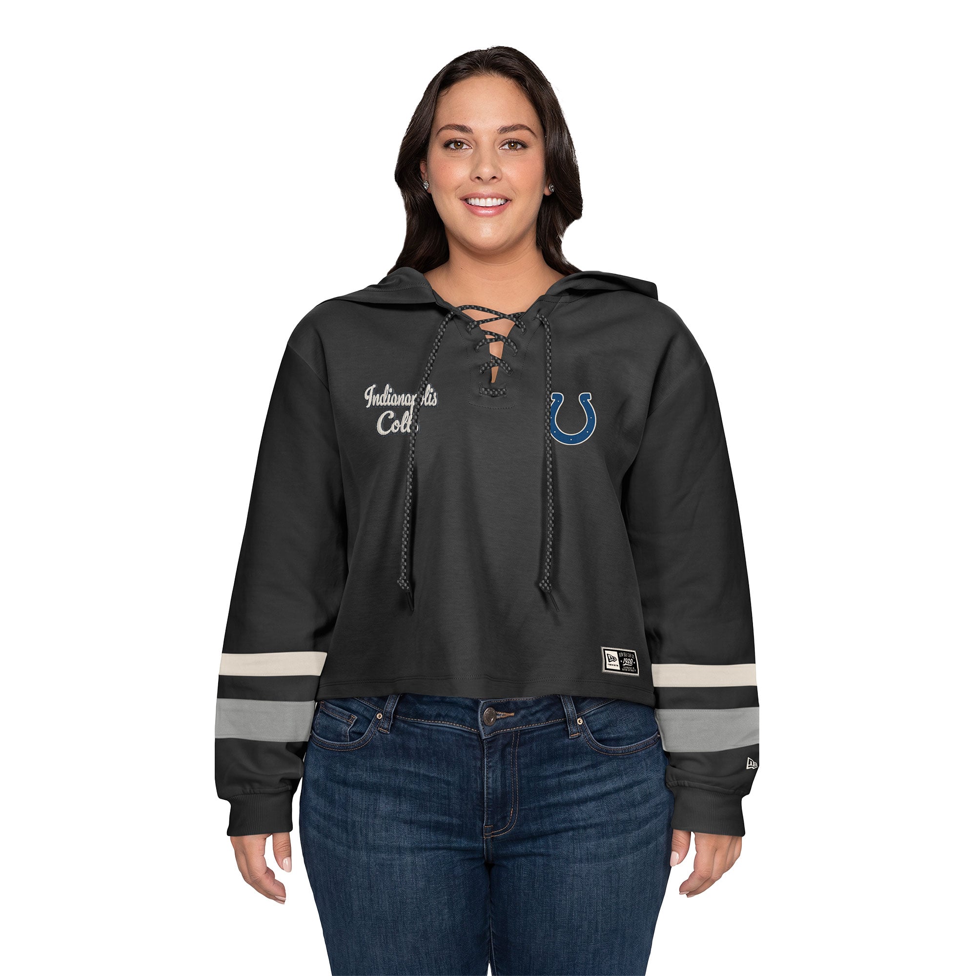 Sweat à capuche court rétro lacets New Era noir pour femme, grandes tailles, Indianapolis Colts