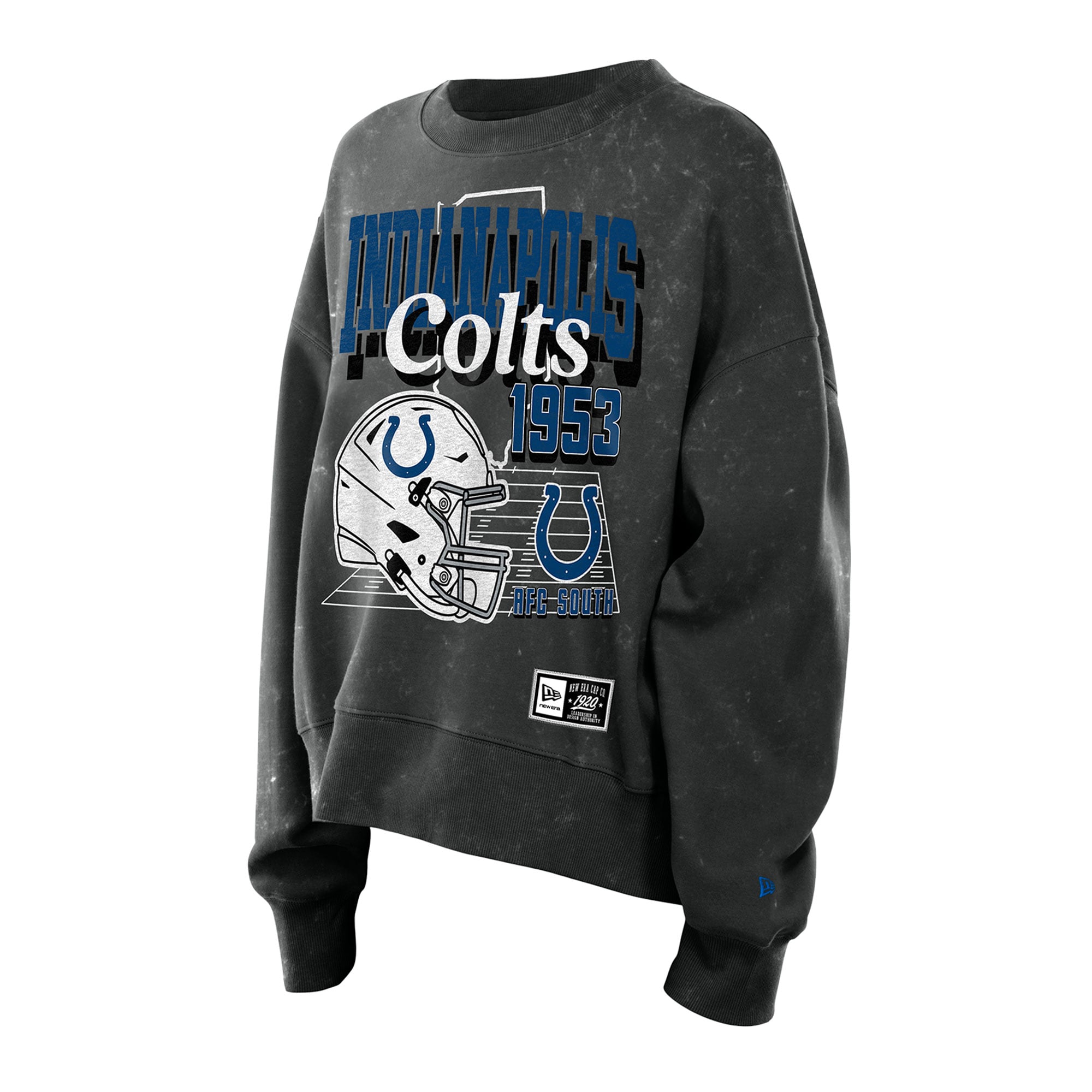 Sweat-shirt à col rond en molleton noir New Era Indianapolis Colts Throwback, style boxy, délavé, pour femme