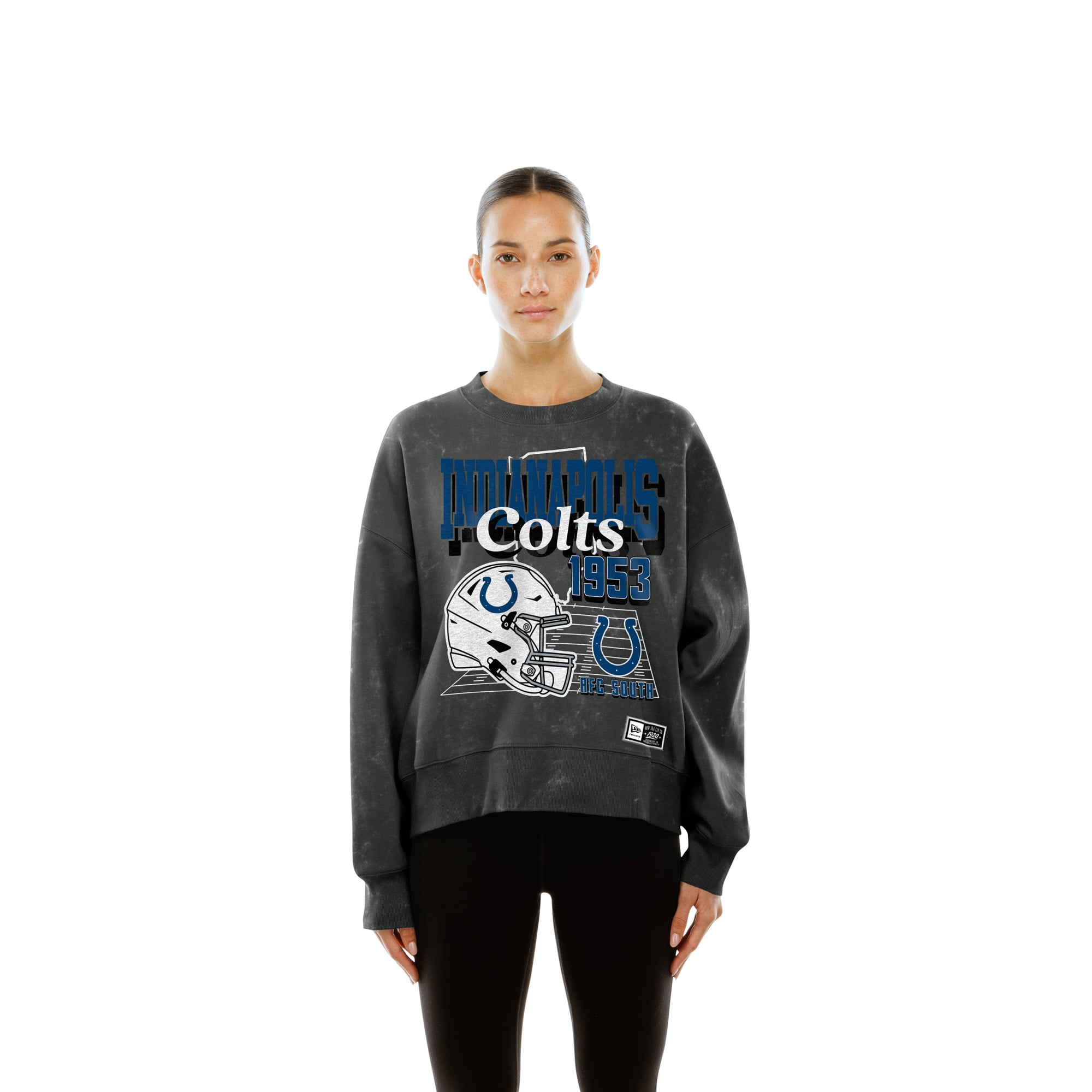 Sweat-shirt à col rond en molleton noir New Era Indianapolis Colts Throwback, style boxy, délavé, pour femme