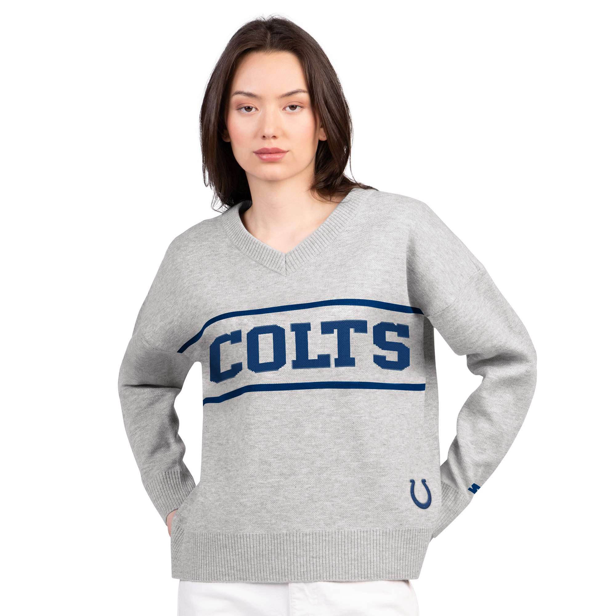 Pull à col en V gris Starter pour femmes, Indianapolis Colts Best Shot