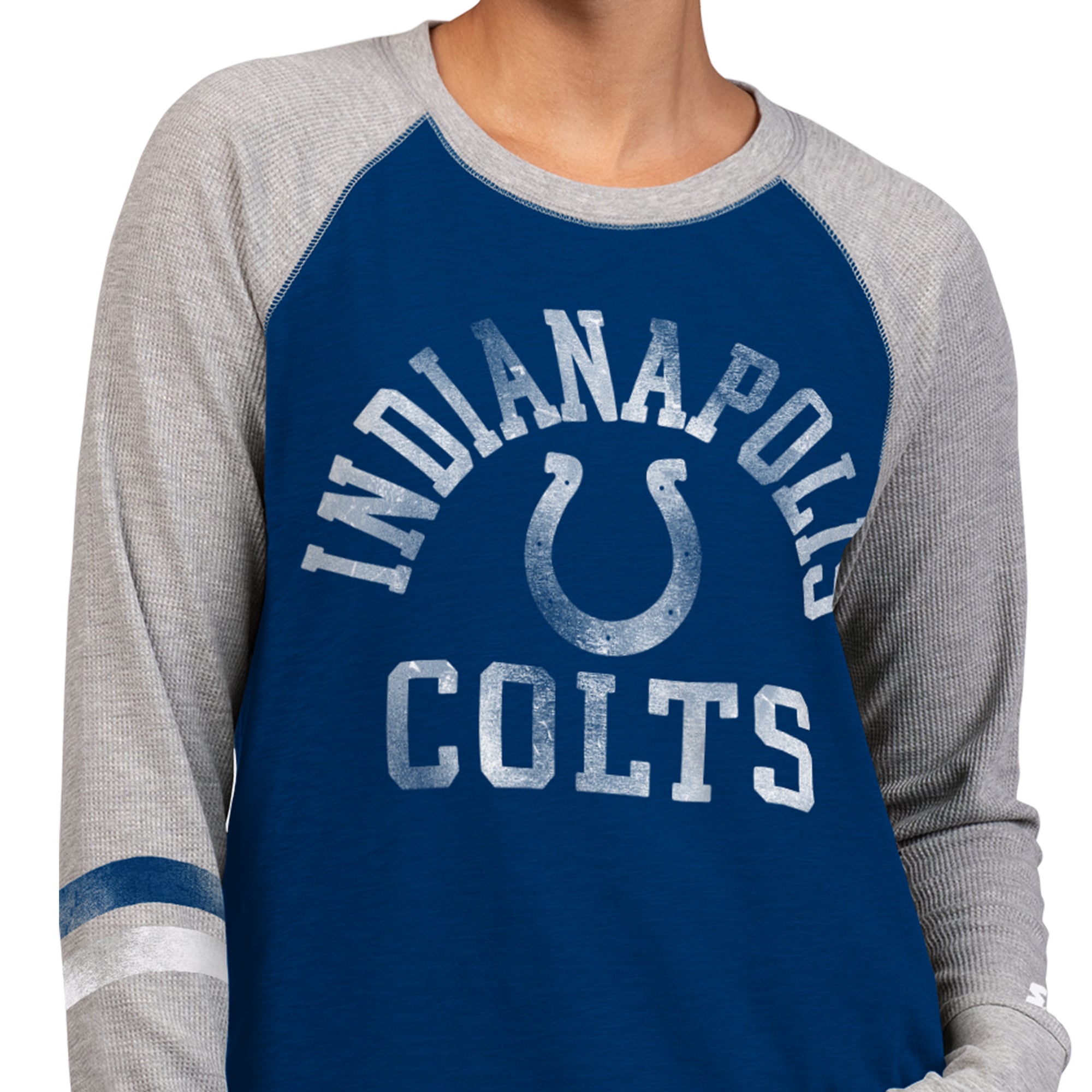 T-shirt à manches longues raglan en maille gaufrée Starter Royal/Gris Indianapolis Colts pour femmes
