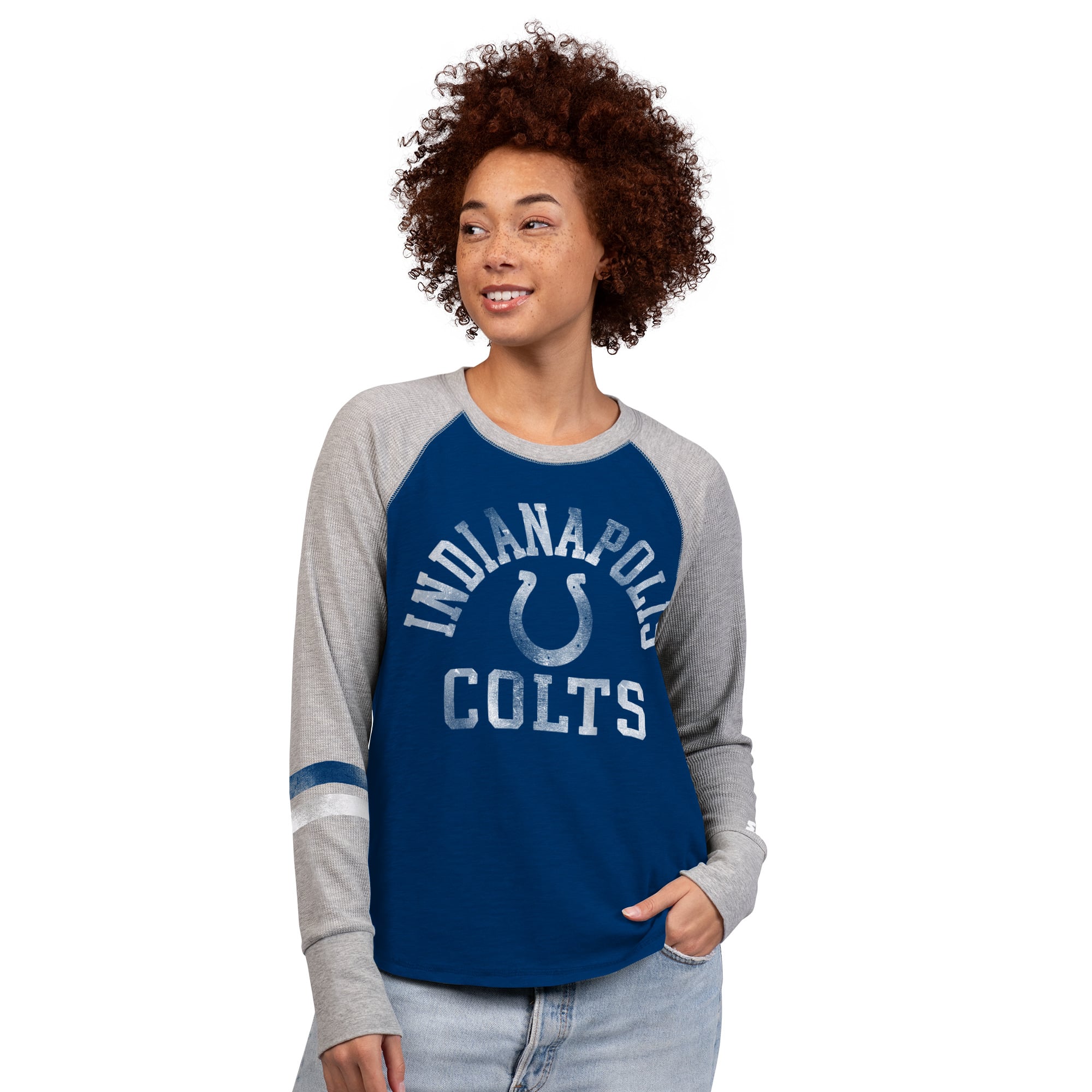T-shirt à manches longues raglan en maille gaufrée Starter Royal/Gris Indianapolis Colts pour femmes